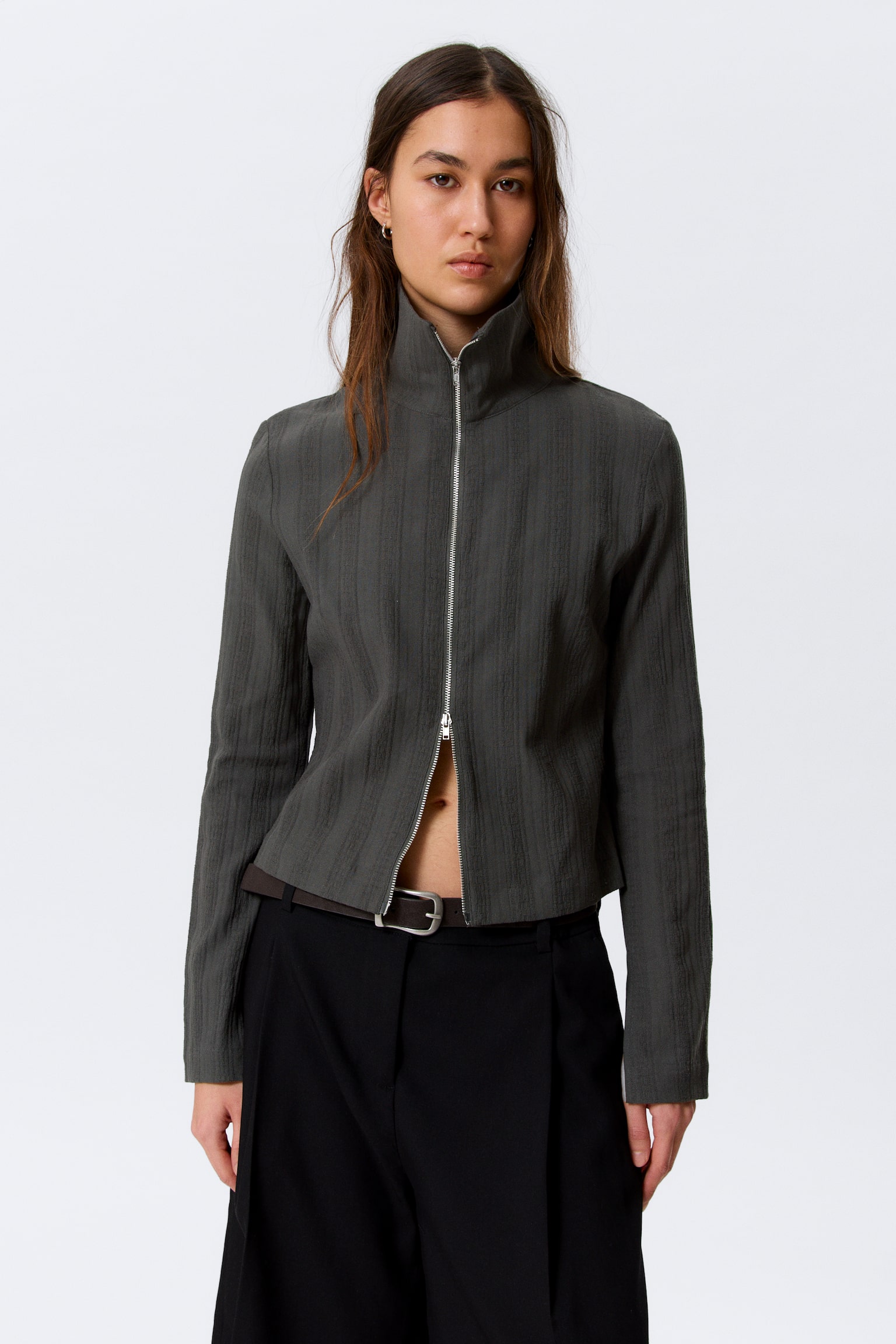 Slim Long-Sleeved Zip Shirt - Mörkgrå/Mörkgråmelerad/Randig svart - 1