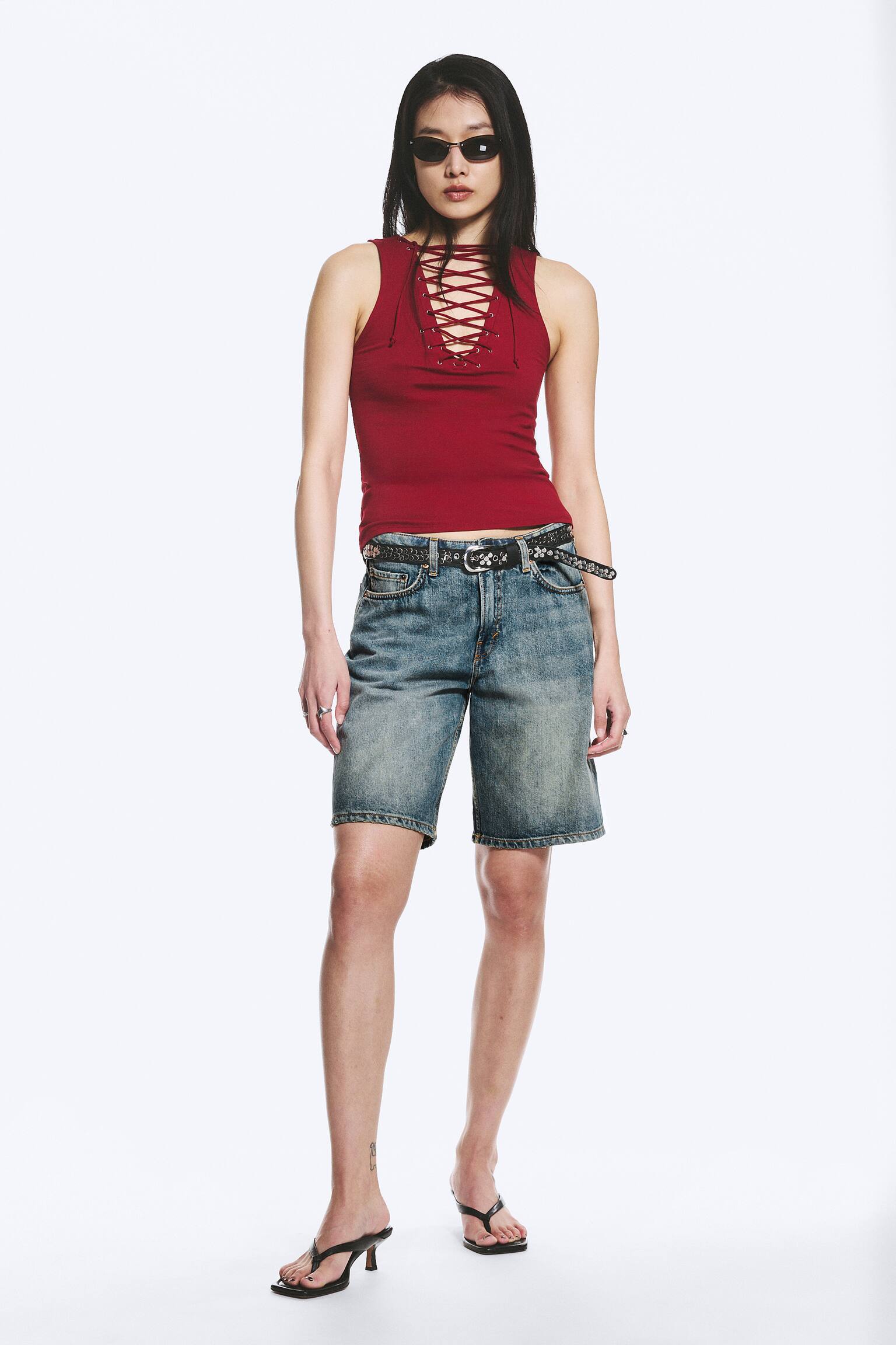 Top z dekoltem w serek - Ciemnoczerwony/Biały - 4