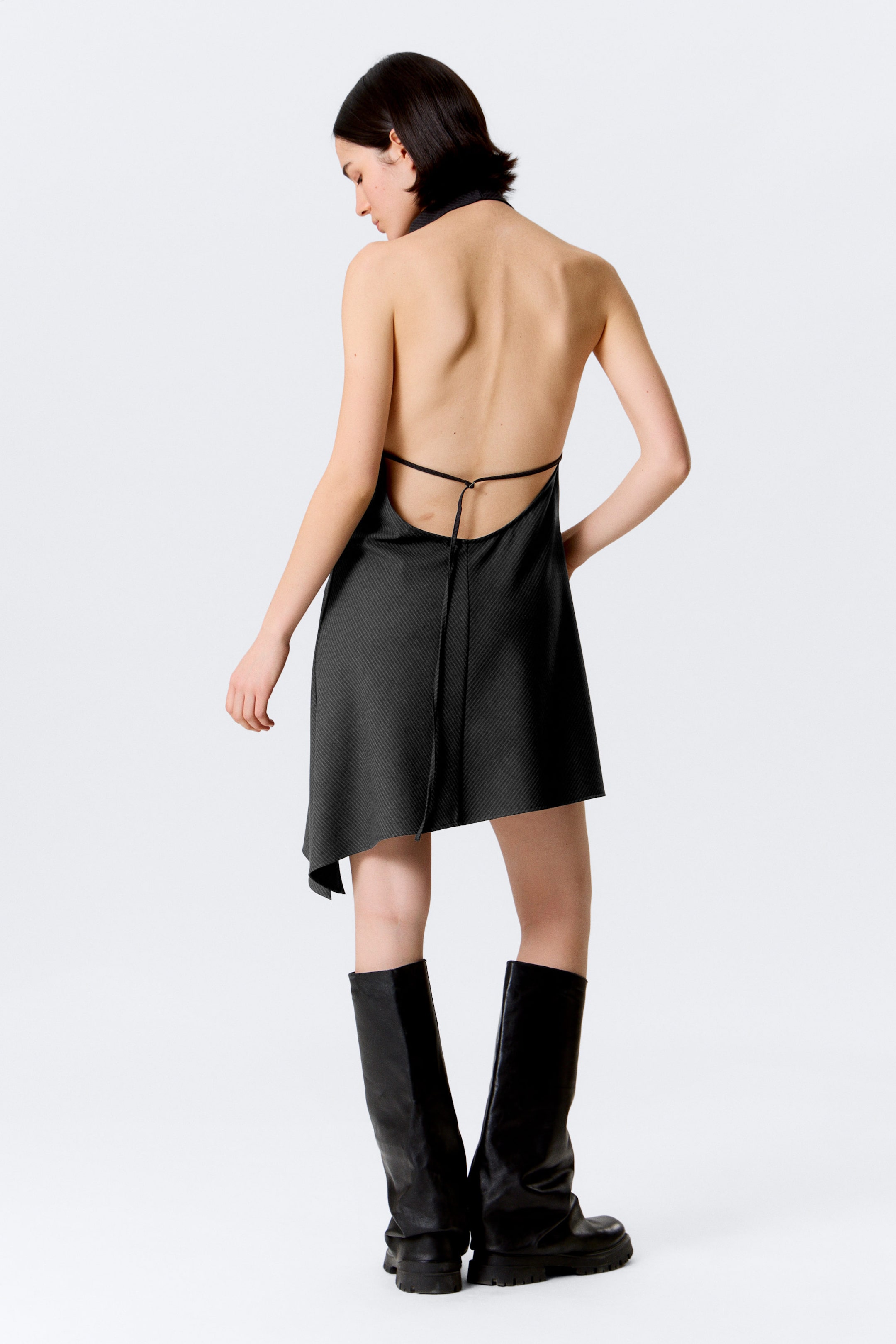 Striped Dark Grey - Draped Halter Cowl Neck Midi Dress - 3