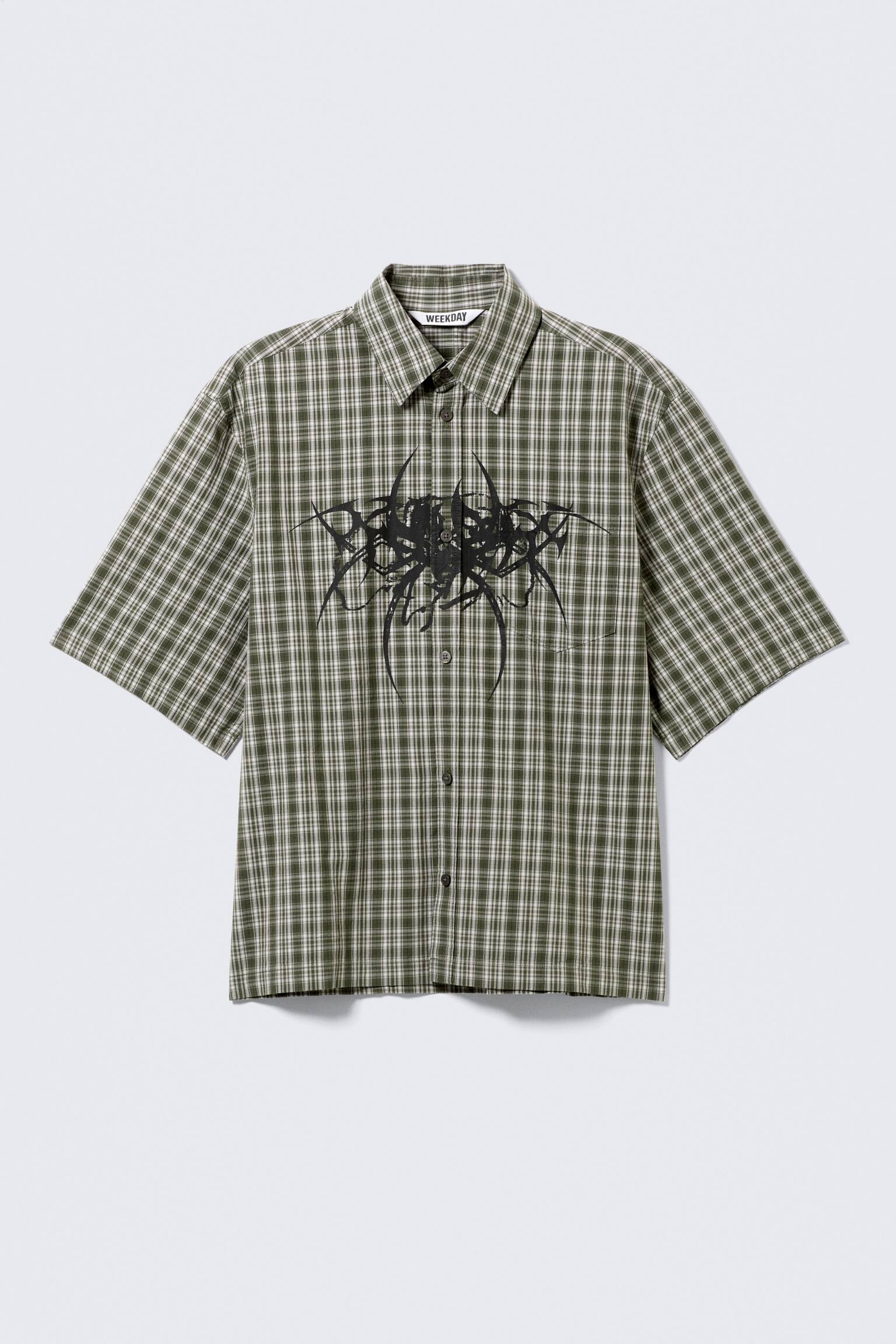 Chemise carrée imprimée à manches courtes - Carreaux verts - Spyder/Rayures blanches et noires - 2