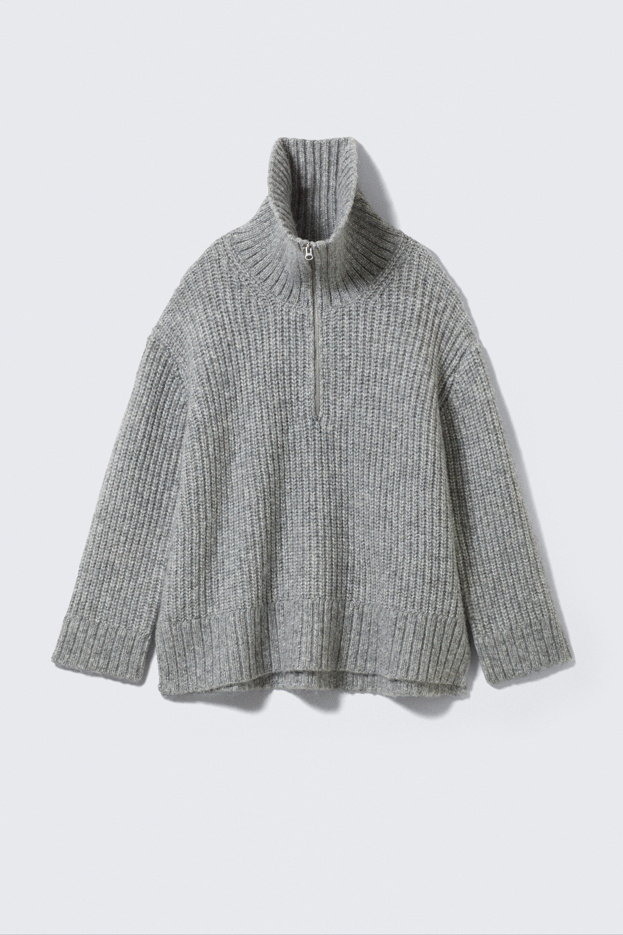 Grau meliert - Rippstrick-Pullover mit Stehkragen und Half-Zip - 3