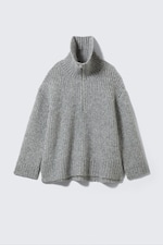 Grey Melange - Rib-Knit Half-Zip Turtleneck Sweater - 5