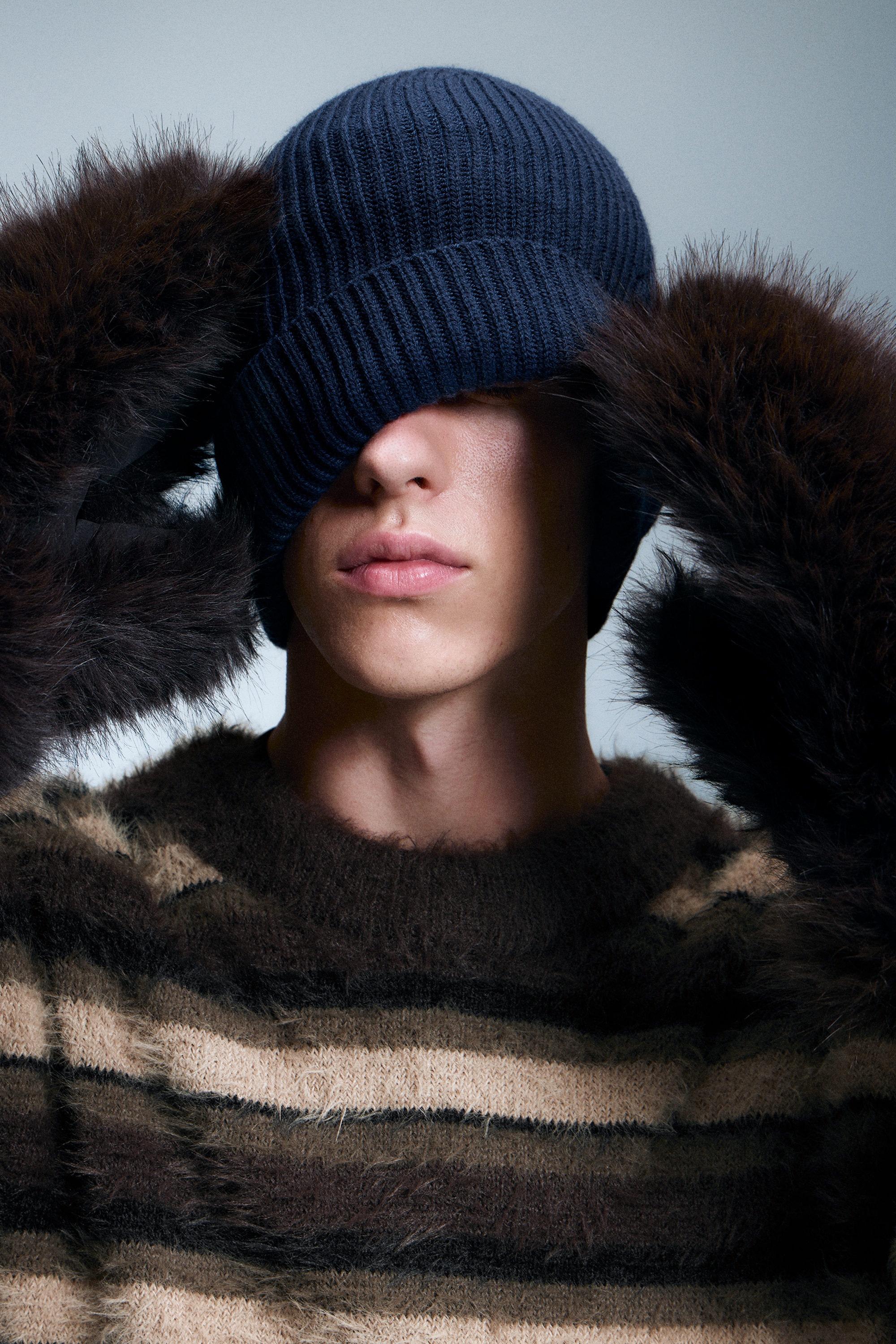 Fold Knit Wool Blend Beanie - Albastru închis/Portocaliu aprins/Negru