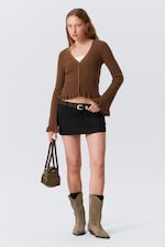 Mörkbrun - V-ringad stickad cardigan - 0