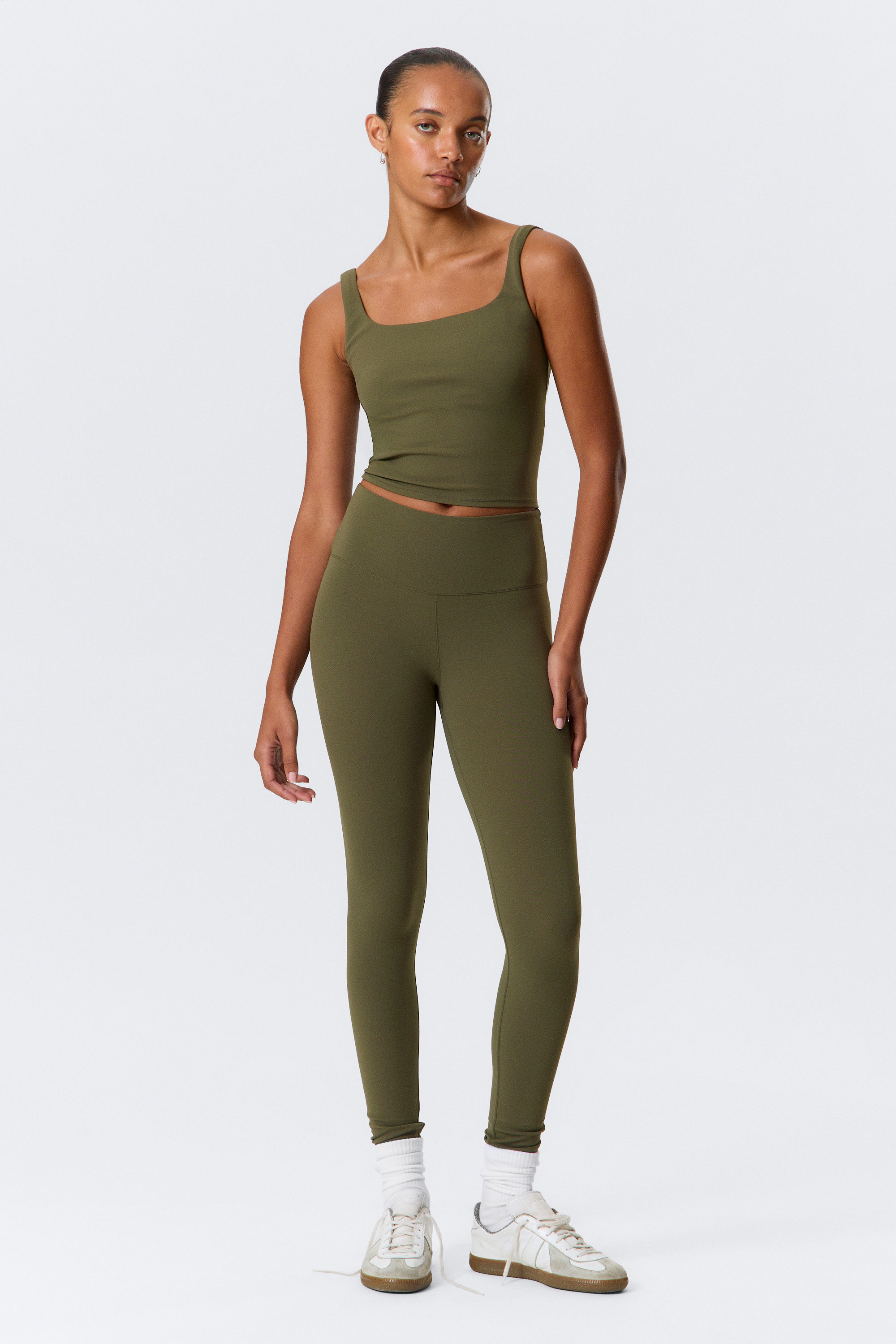 Dark Khaki Green - High Waisted Sports Tights - 1