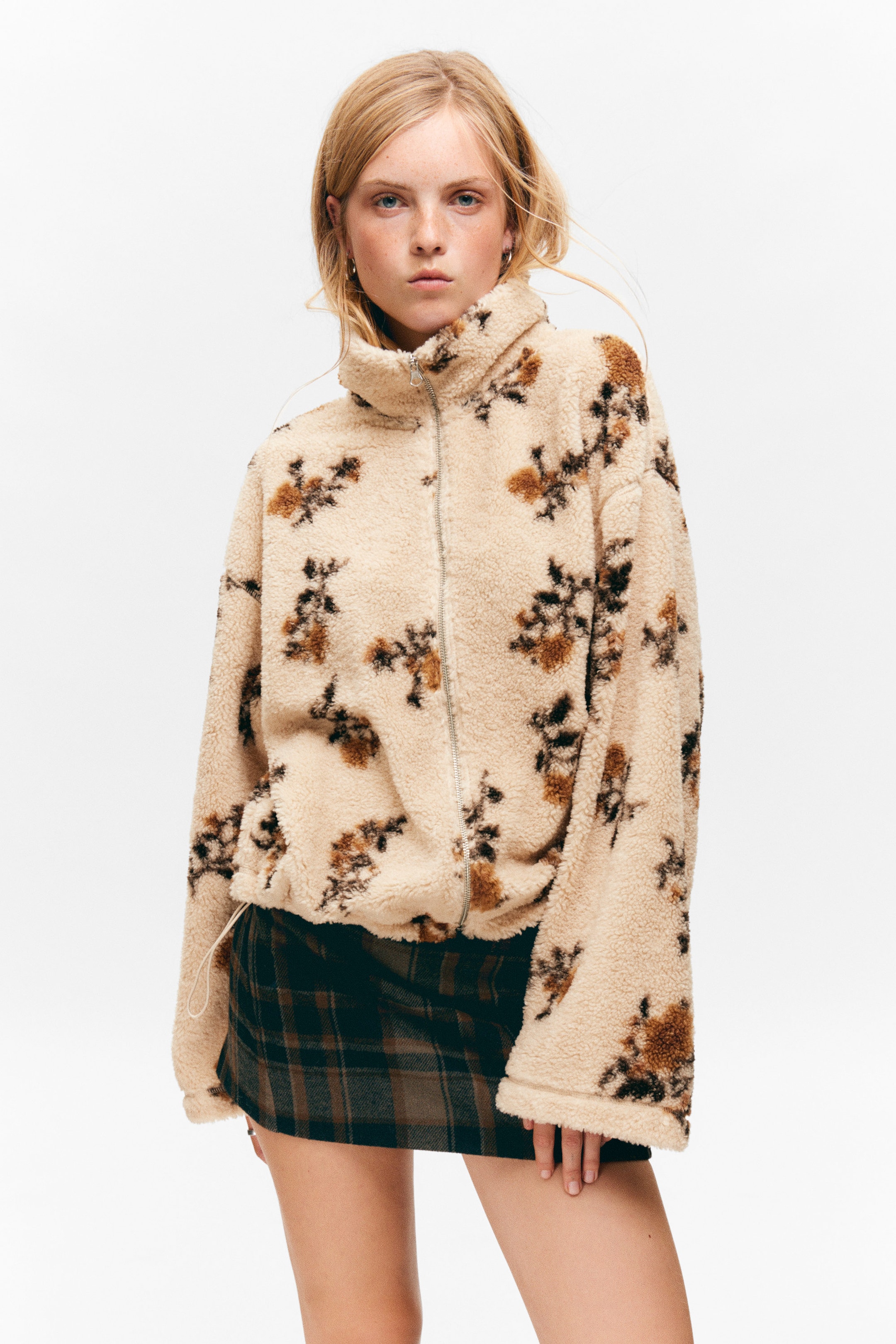 Beige - Brown Floral Print - Pile Fleece Zip Jacket - 1