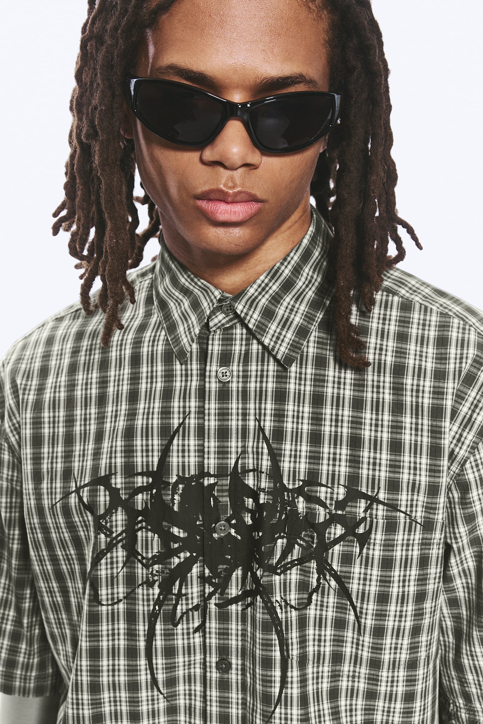 Chemise carrée imprimée à manches courtes - Carreaux verts - Spyder/Rayures blanches et noires - 1