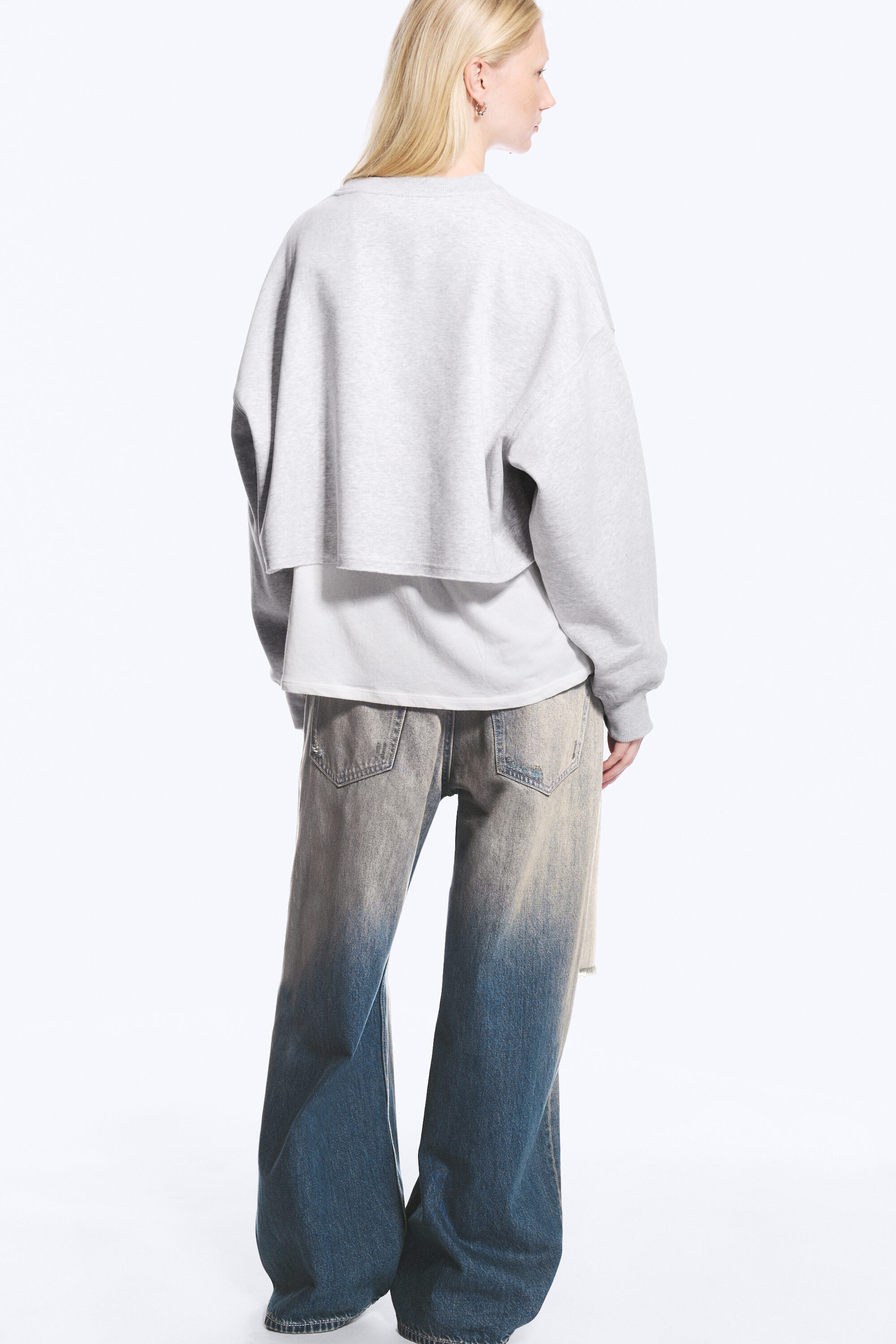 Grey Melange - Cropped Oversized Sweatshirt - 2