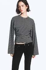 Striped Black - Ruched Long-Sleeved T-shirt - 0