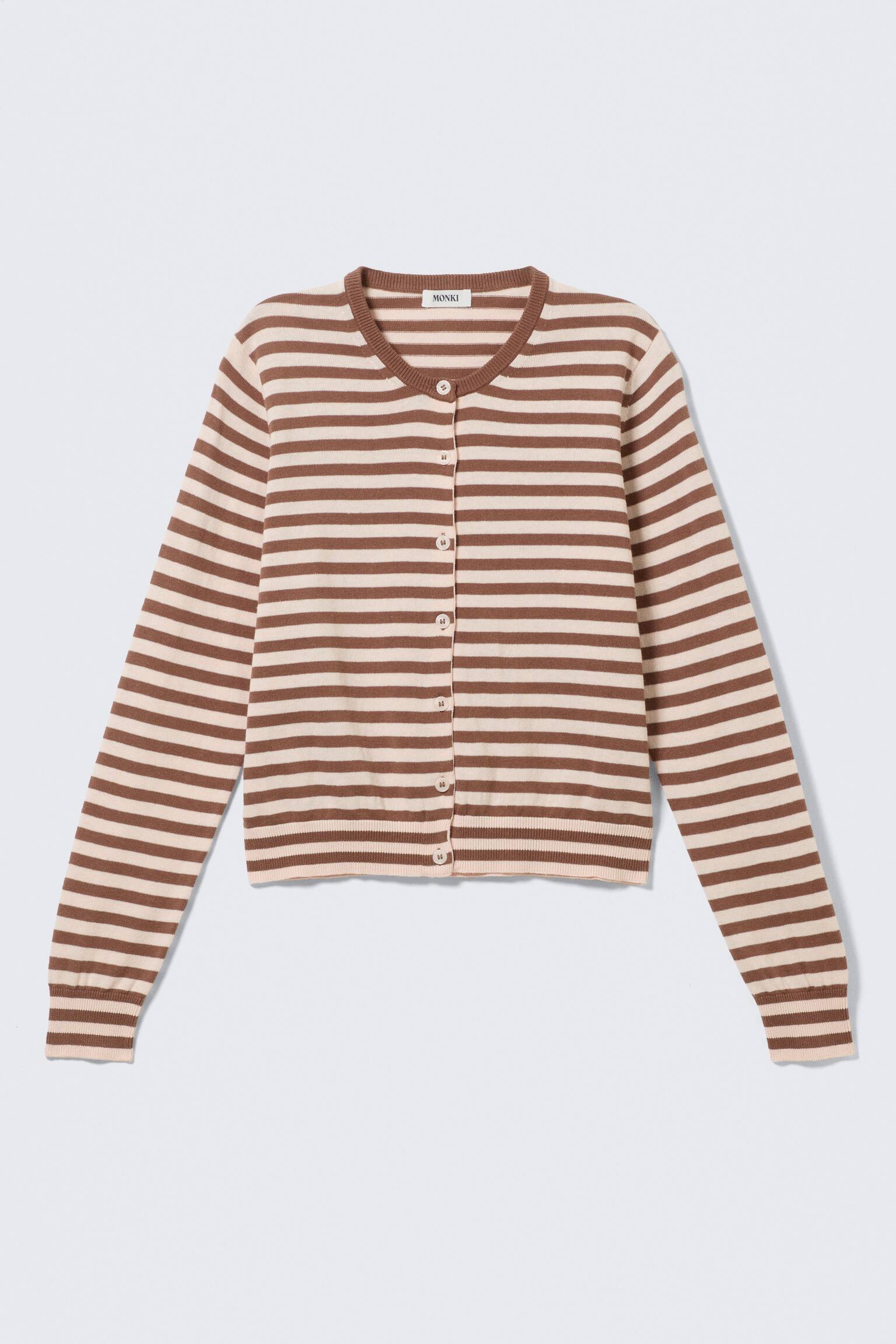 Finstickad cardigan i bomull - Brunrandig/Blårandig - 1