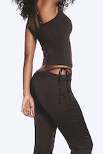 Dark Brown - Satin Cut-Out Flared Trousers - 3