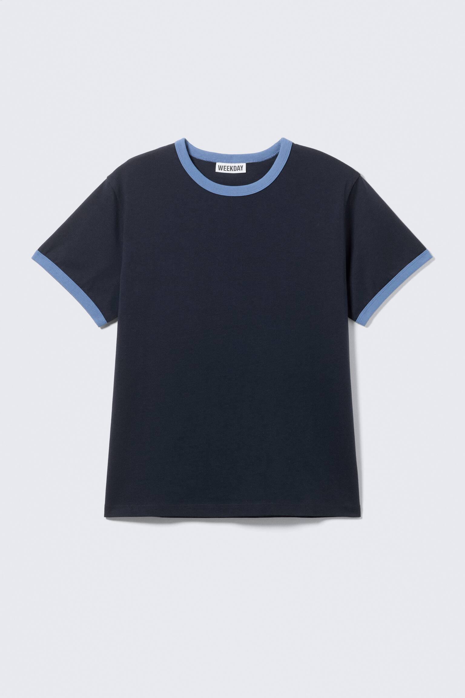 Short-Sleeved Contrast Trim Cotton T-shirt - Dark Blue - Light Blue Binding/White - Green Binding/White - Black Binding - 2