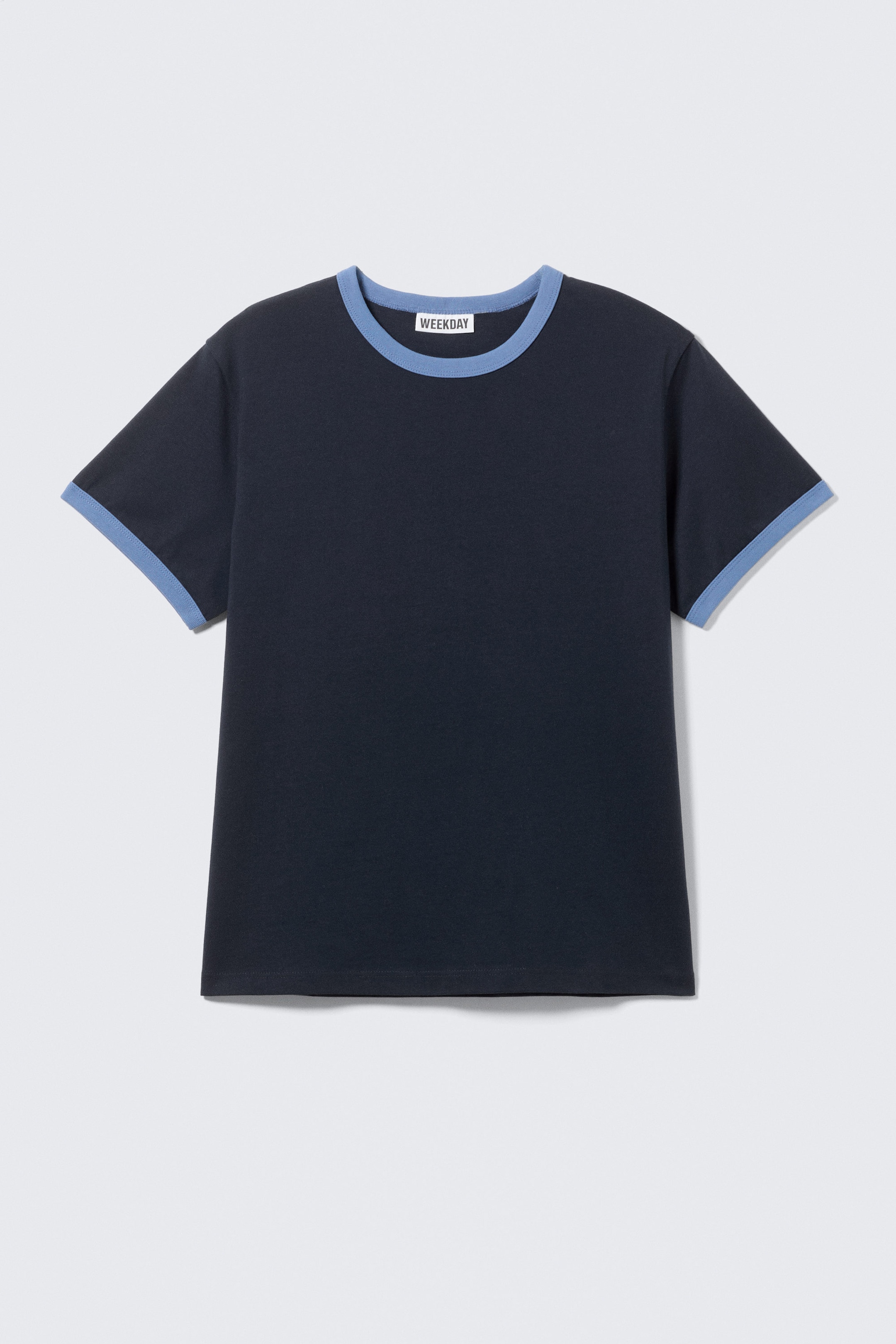 Dark Blue - Light Blue Binding - Short-Sleeved Contrast Trim Cotton T-shirt - 4
