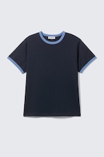 Dark Blue - Light Blue Binding - Short-Sleeved Contrast Trim Cotton T-shirt - 4