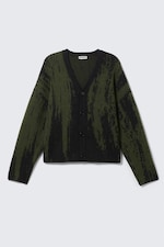 Schwarz/Dunkles Khakigrün - Boxy Strick-Cardigan mit Grafikprint - 4