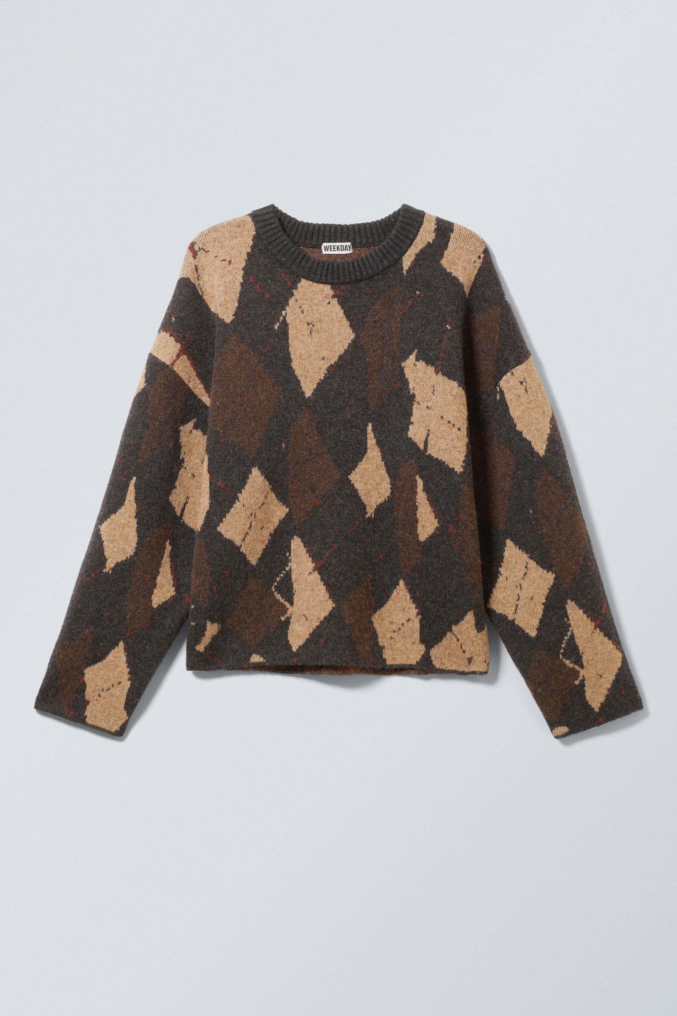 Dunkelgrau - Braune Rauten - Gestrickter Pullover mit losem Rautenmuster - 1