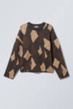 Dark Grey - Brown Argyle - Knitted Twisted Argyle Sweater - 0