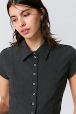Dark Grey - Pinstriped - Slim Fit Short-Sleeved Crepe Shirt - 2