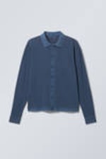 Marineblauw met wassing - Piqué overhemd met knopen en lange mouwen - 5