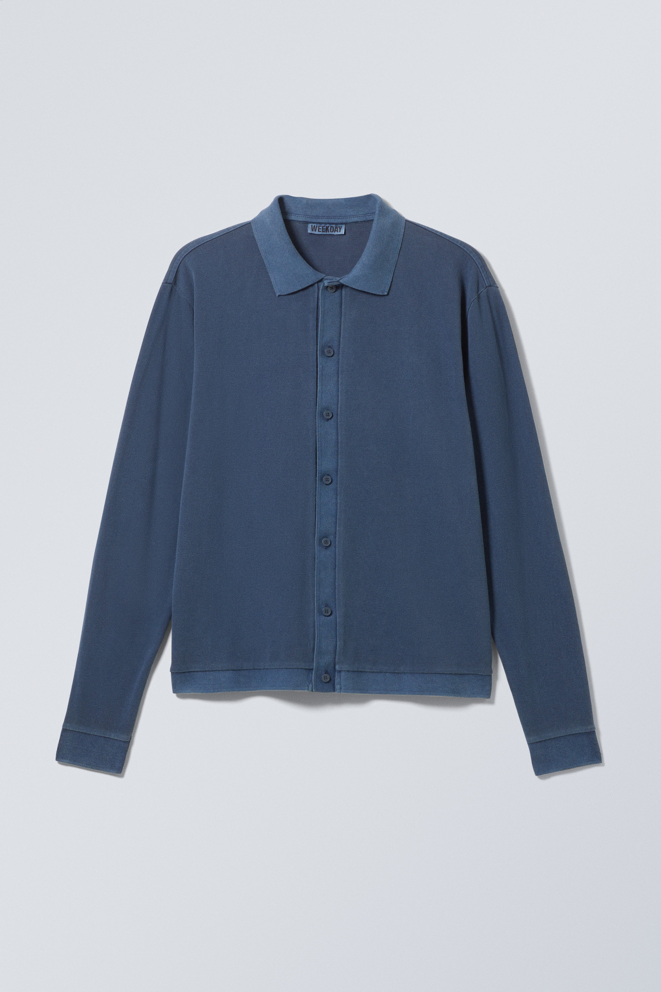 Washed Navy Blue - Long-Sleeved Piqué Button-Up Shirt - 1