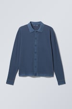 Washed Navy Blue - Long-Sleeved Piqué Button-Up Shirt - 0