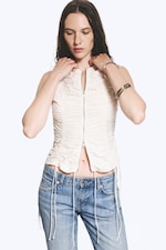 White - Ruched Zip Cotton Poplin Top - 2