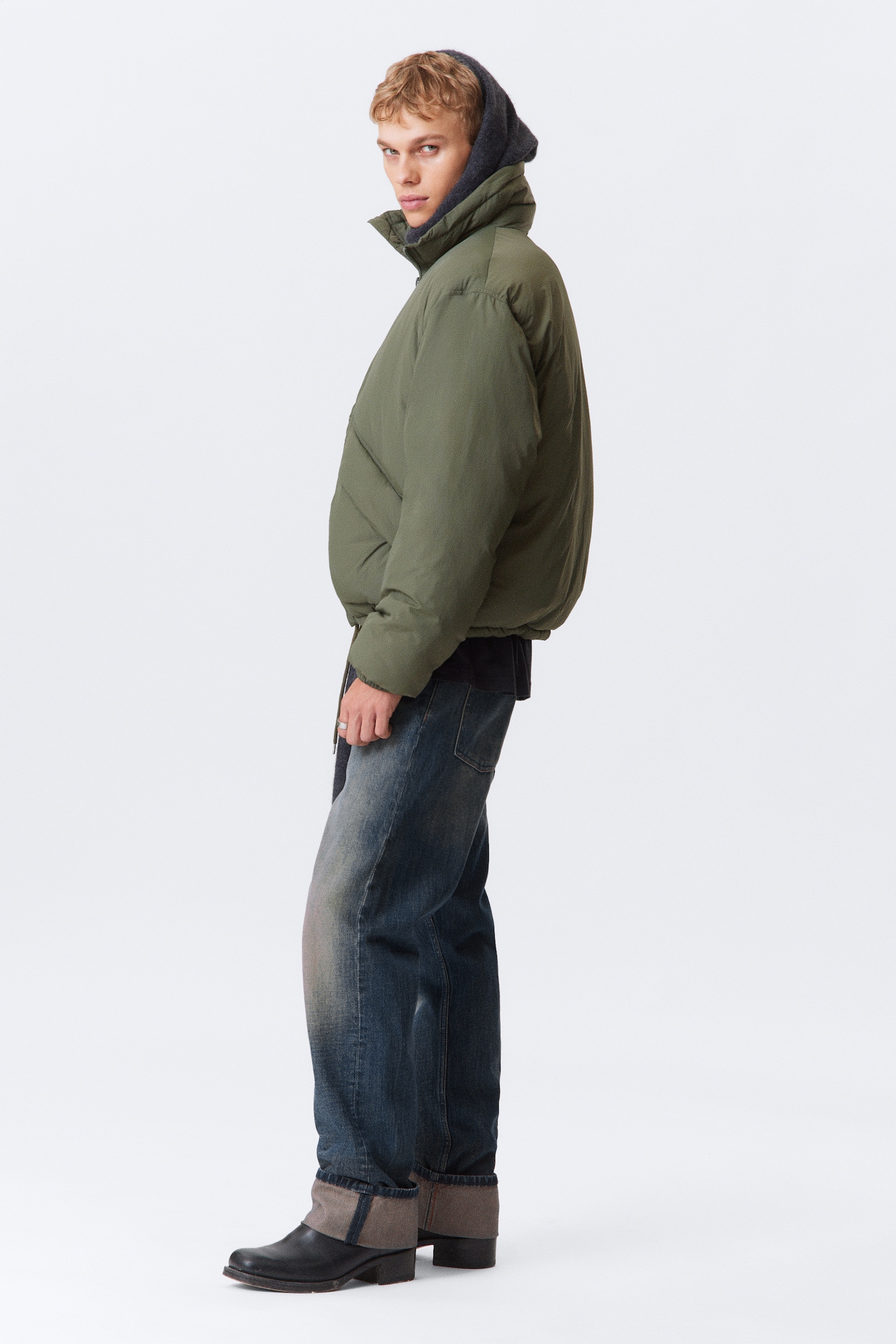 Drawstring Nylon Puffer Jacket - Sage Green/Black - 7