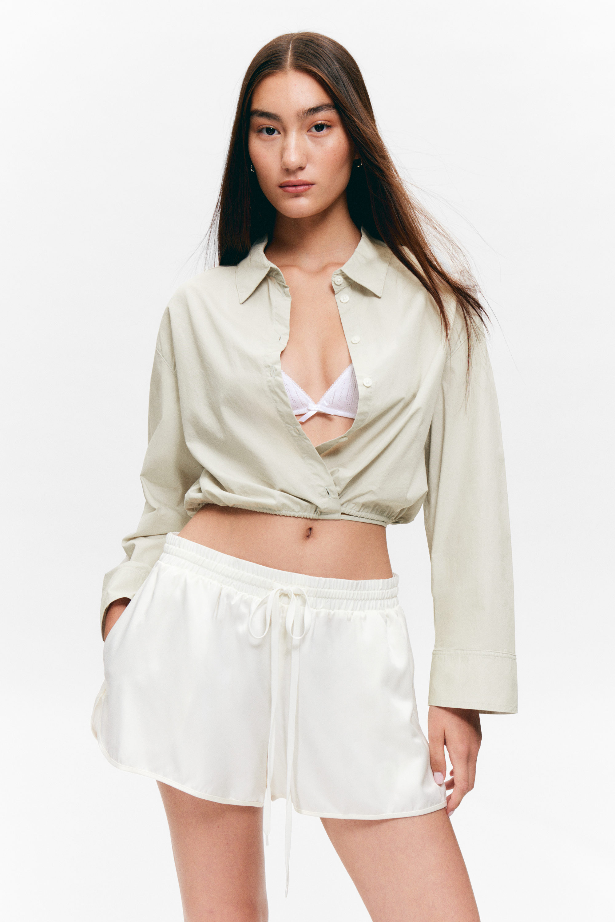 Light Green - Cropped Cotton Poplin Drawstring Night-Shirt - 3