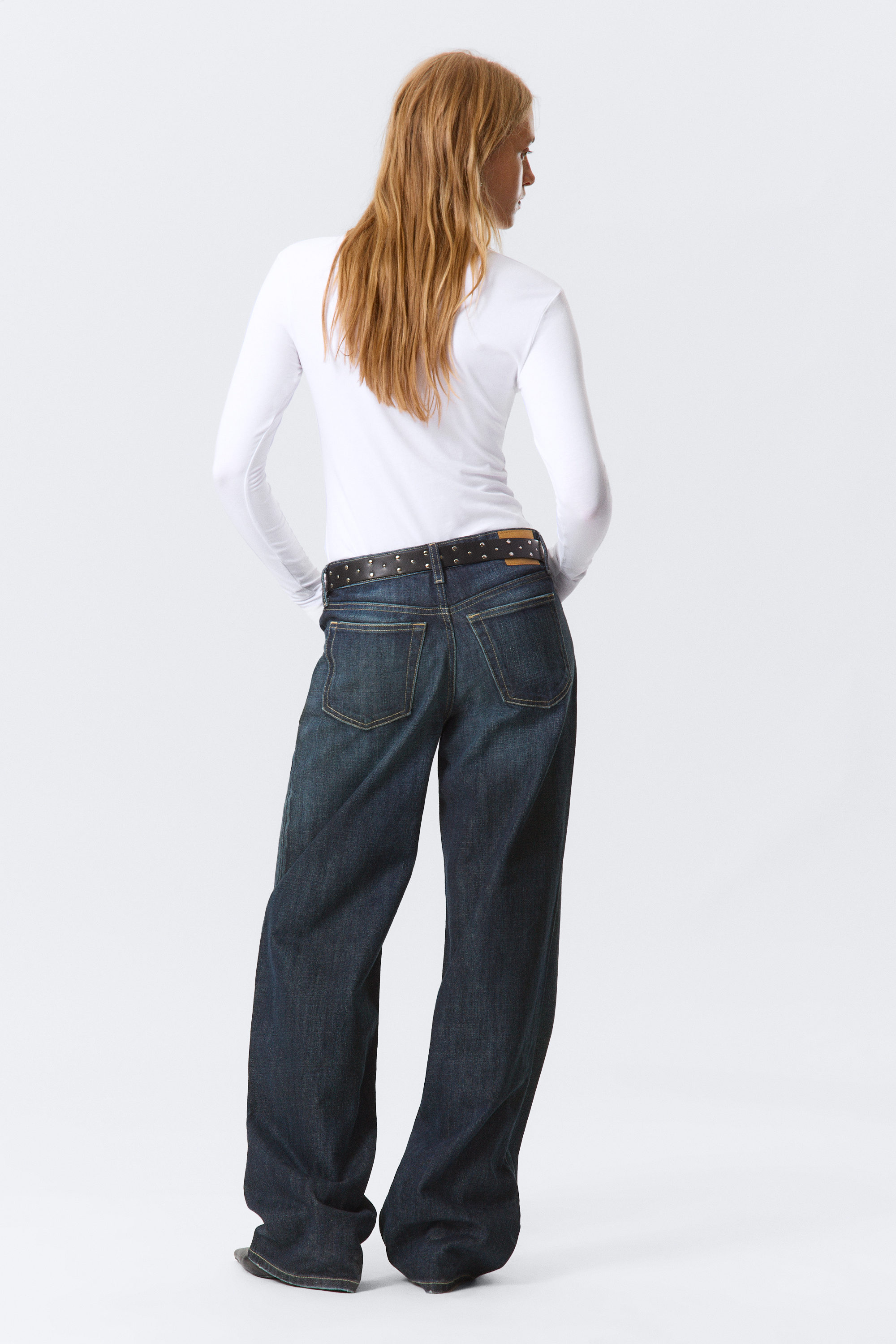 Deep Sea Blue - Mörkblå - Ample Low Waist Loose Wide Leg Jeans - 4