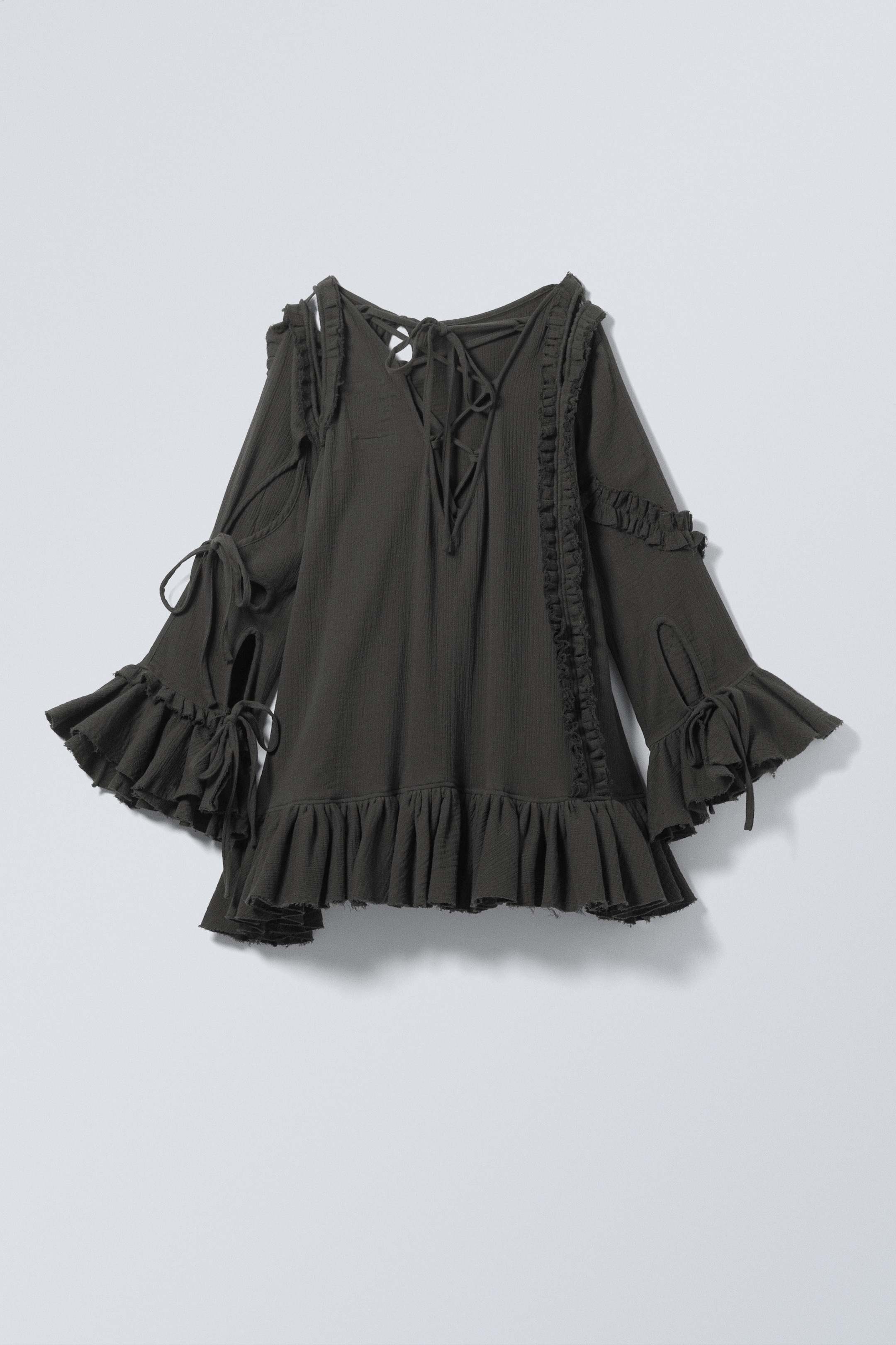 Dark Grey - Long Ruffled Cut-Out Tunic - 2