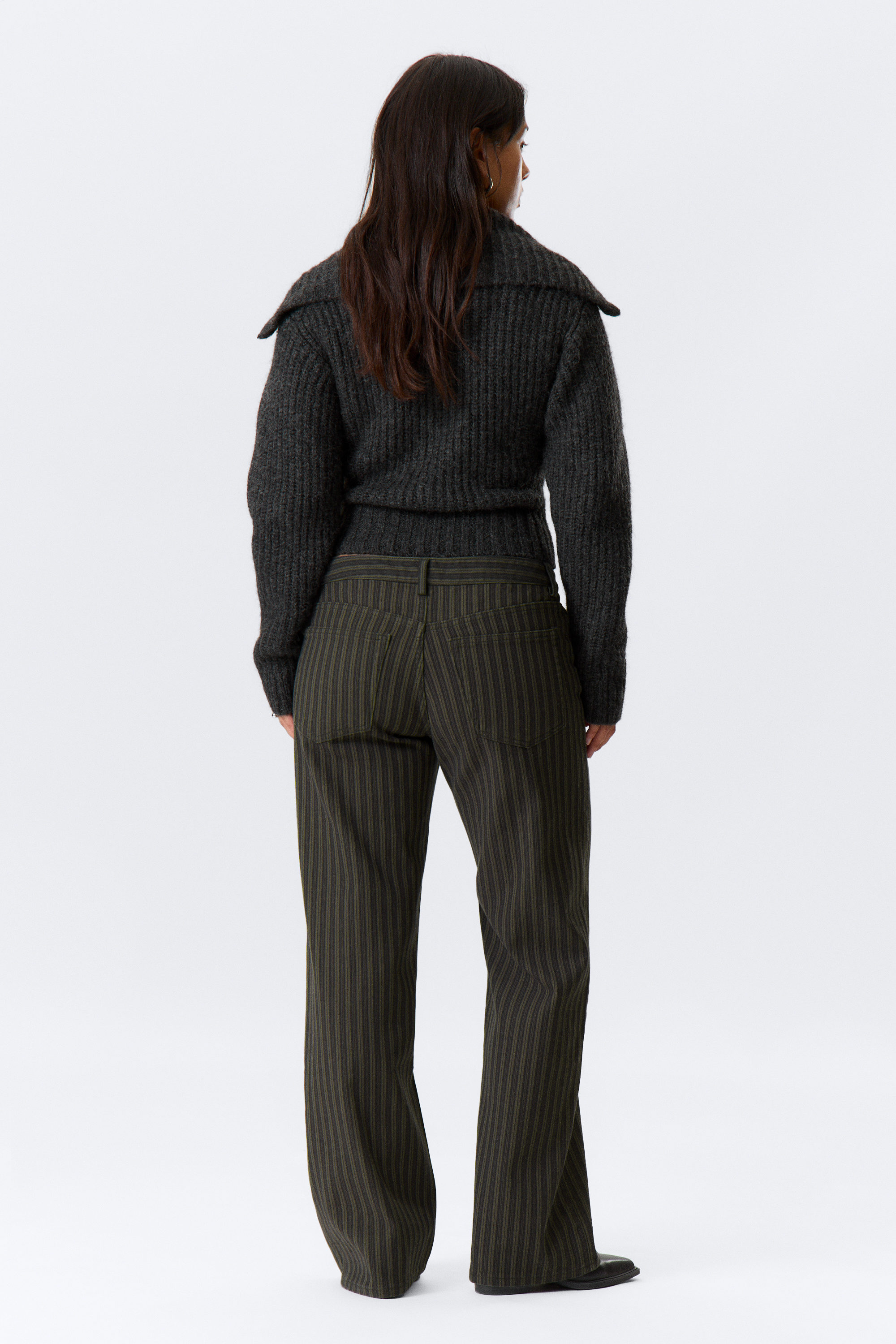 Striped Dark Grey - Low Waist Pinstripe Cotton Trousers - 5