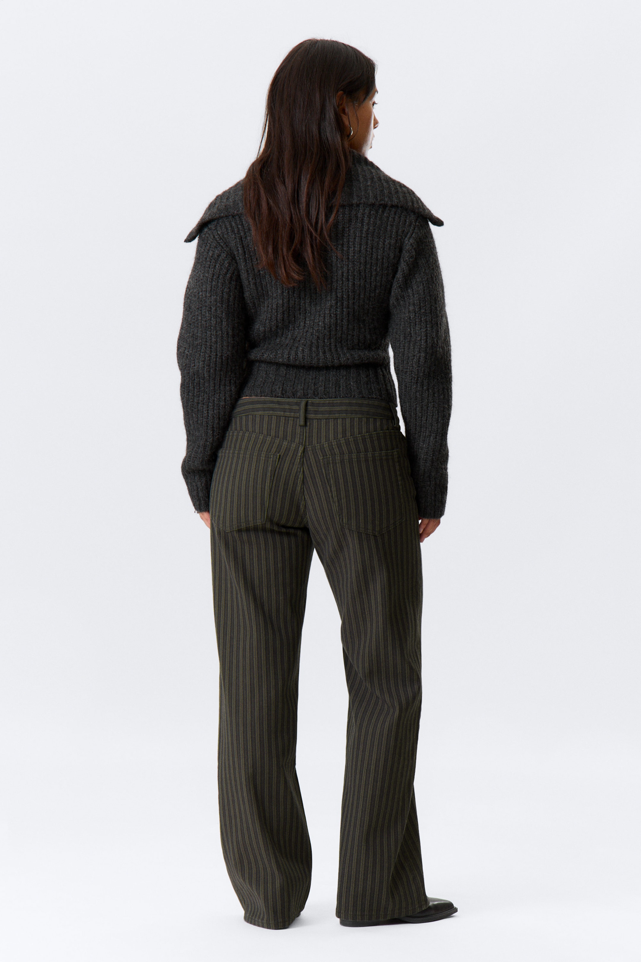 Striped Dark Grey - Low Waist Pinstripe Cotton Trousers - 3