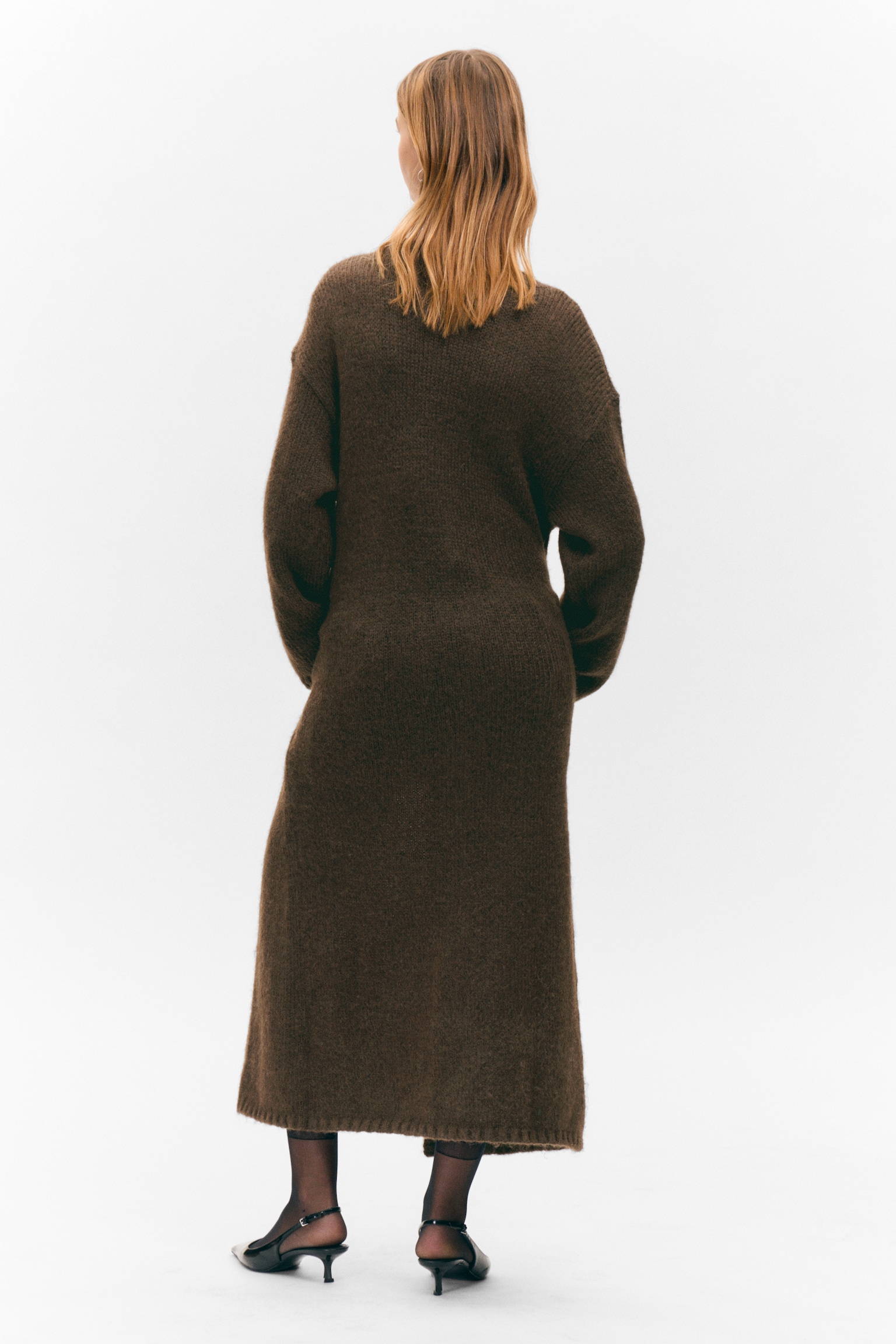 Long Knit V-Neck Cardigan - Dark Brown - 5