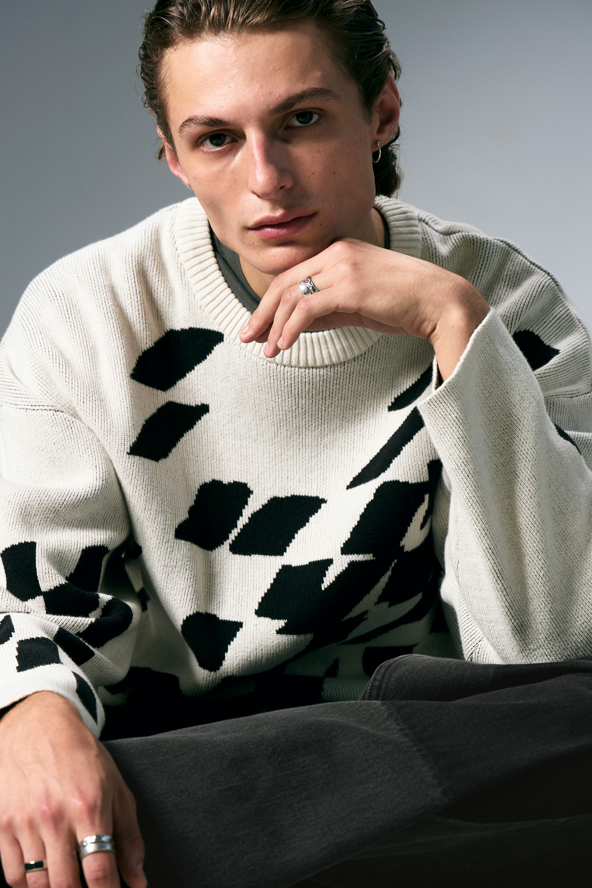 Dirty White - Square Pattern - Boxy Graphic Jacquard Sweater - 4