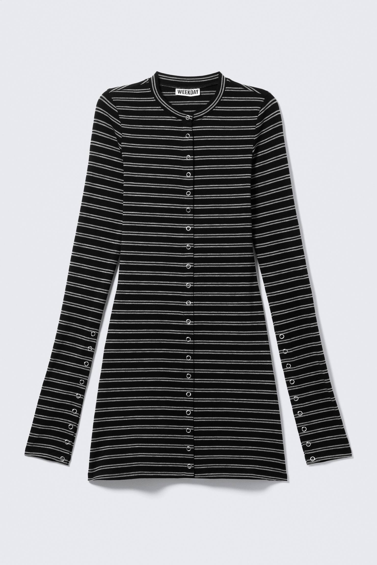 Long-Sleeved Popper Mini Dress - Zwart met strepen/Zwart - 2