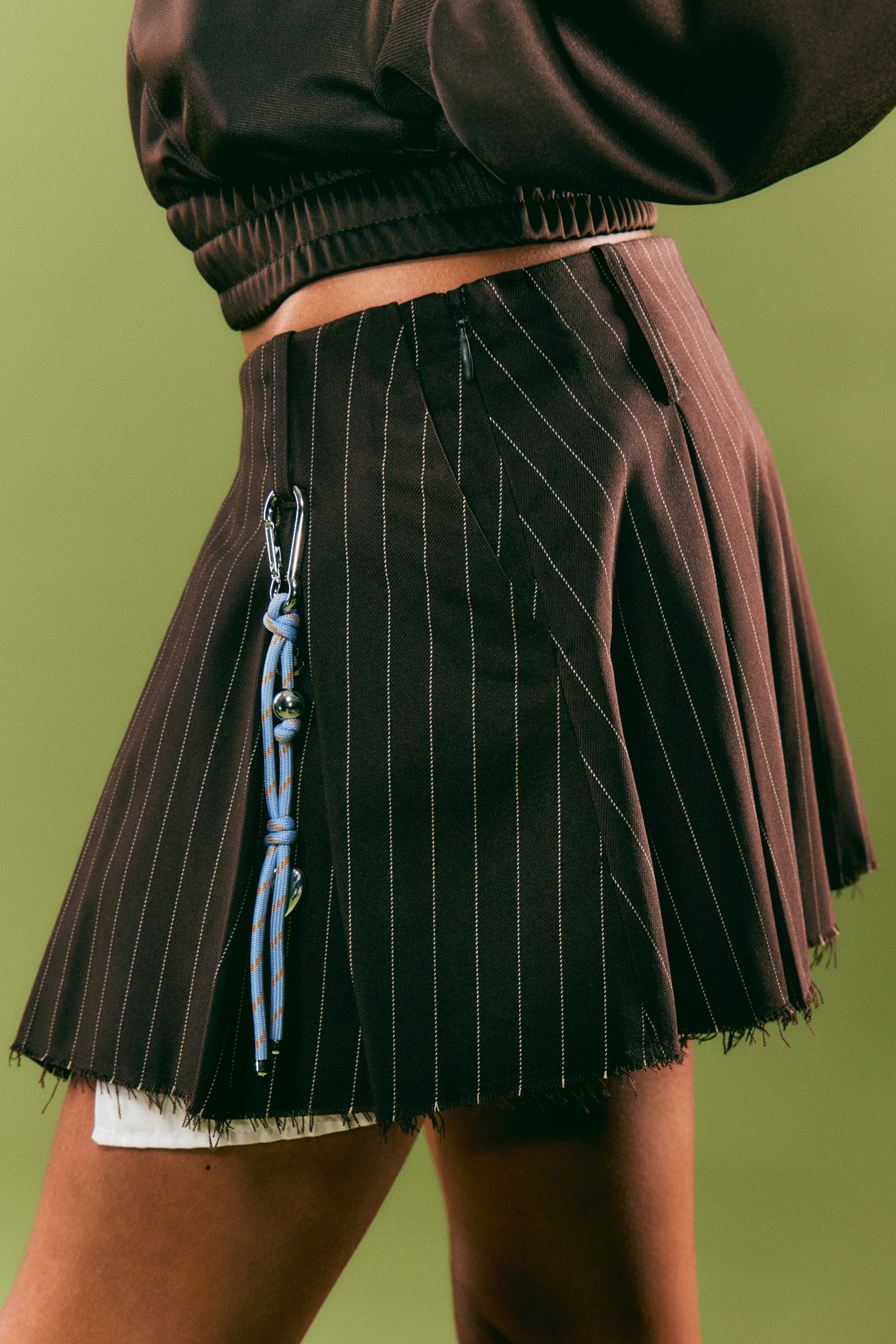 Striped Dark Brown - Pleated Mini Suiting Skirt - 2