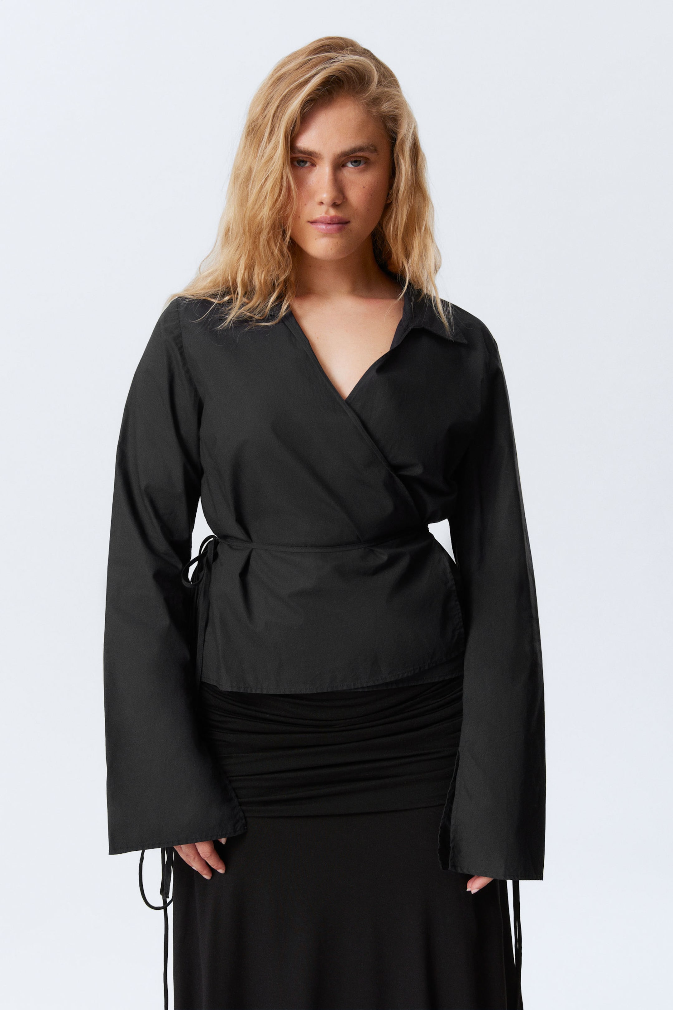 Black - Long-Sleeved Wrap Poplin Shirt - 1