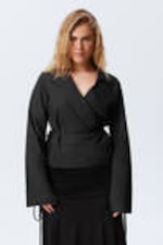 Black - Long-Sleeved Wrap Poplin Shirt - 0