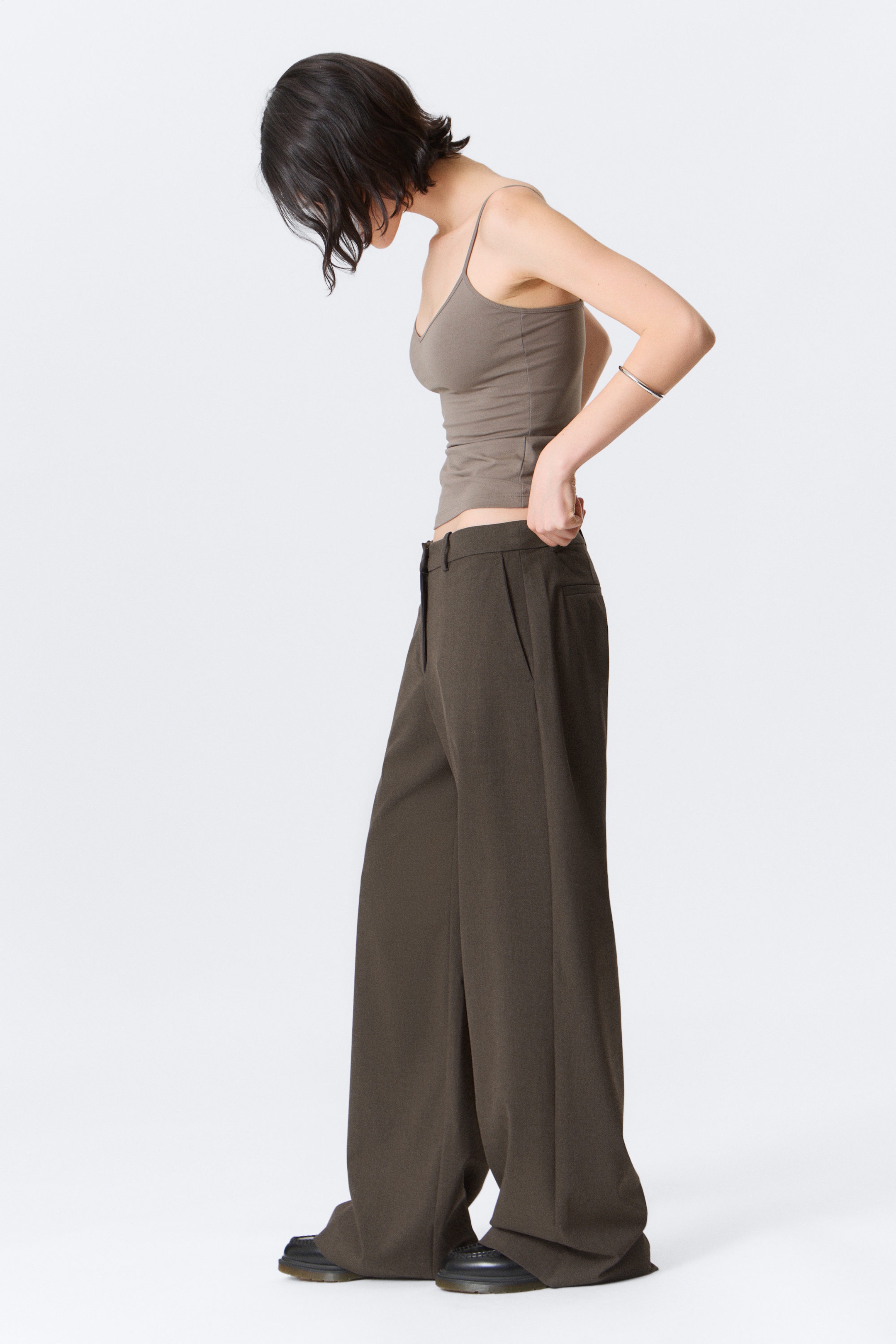 Dark Grey Melange - Low-Waisted Loose Fit Suit Trousers - 2