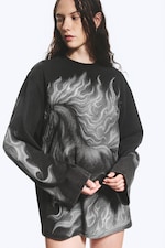 Noir - Imprimé cheval - T-shirt à manches longues graphique oversize - 0