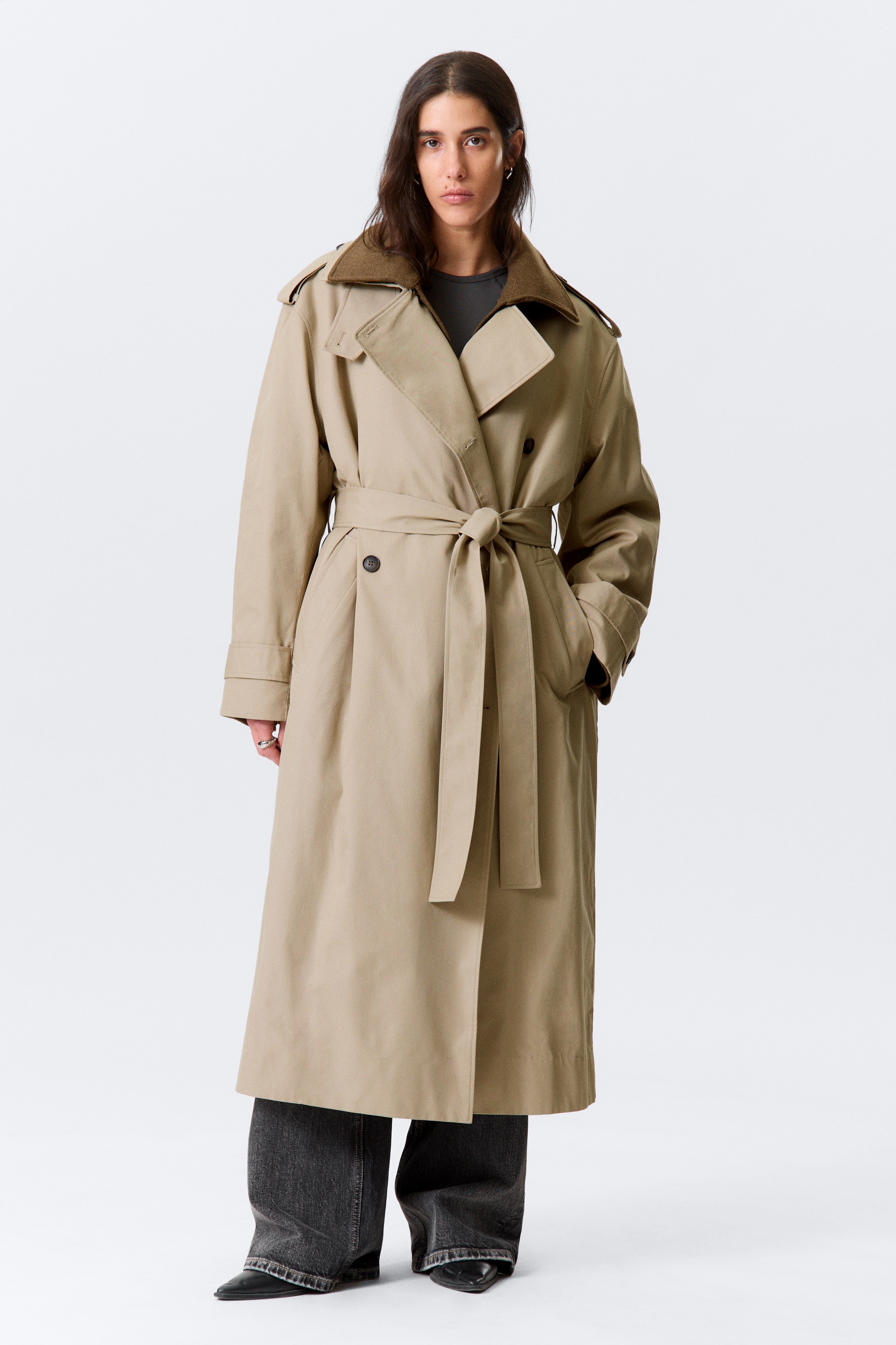 Oversized Trench Coat with Detachable Lining - Beige