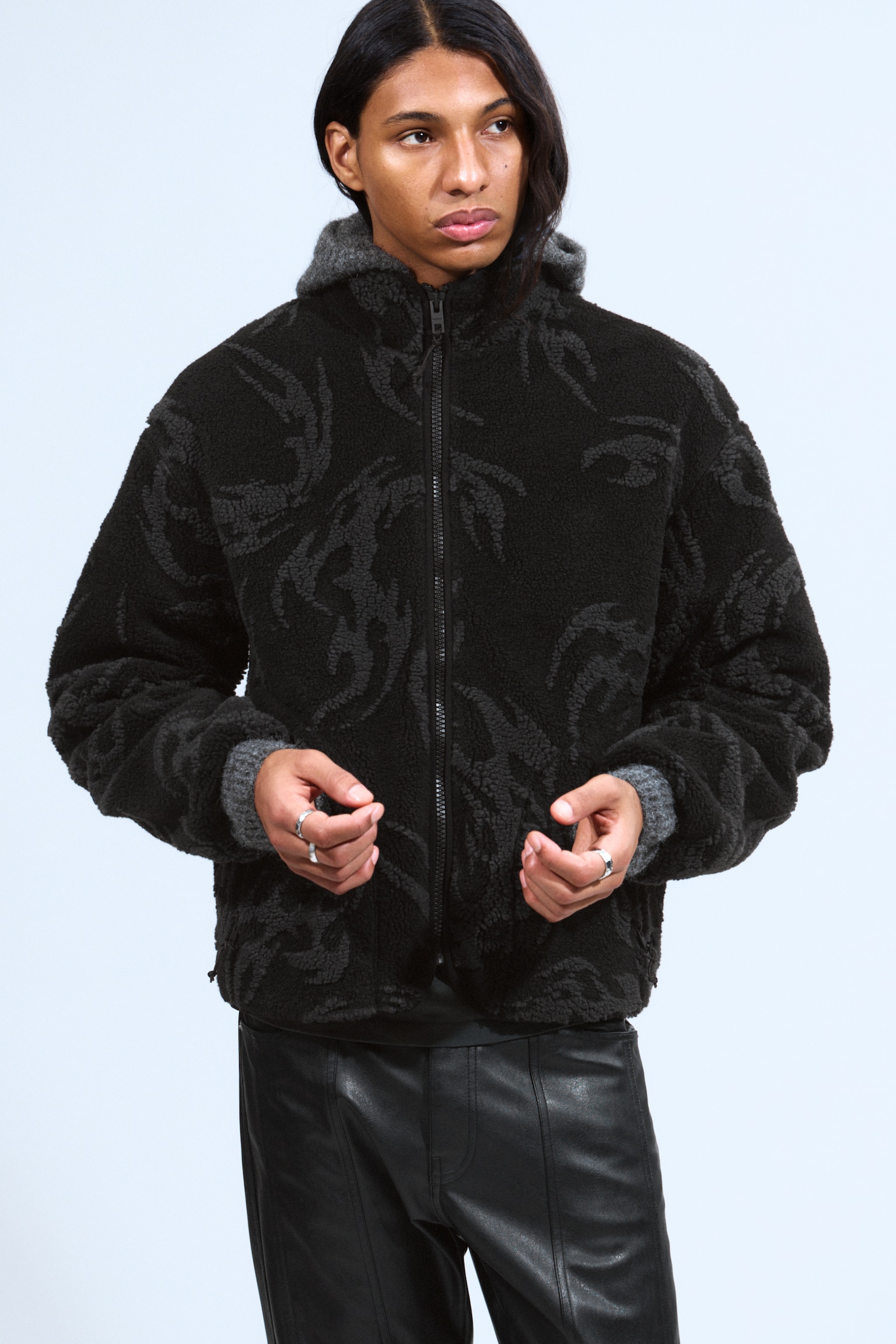 Giacca in pile con zip e motivo jacquard - Nero - Tribal