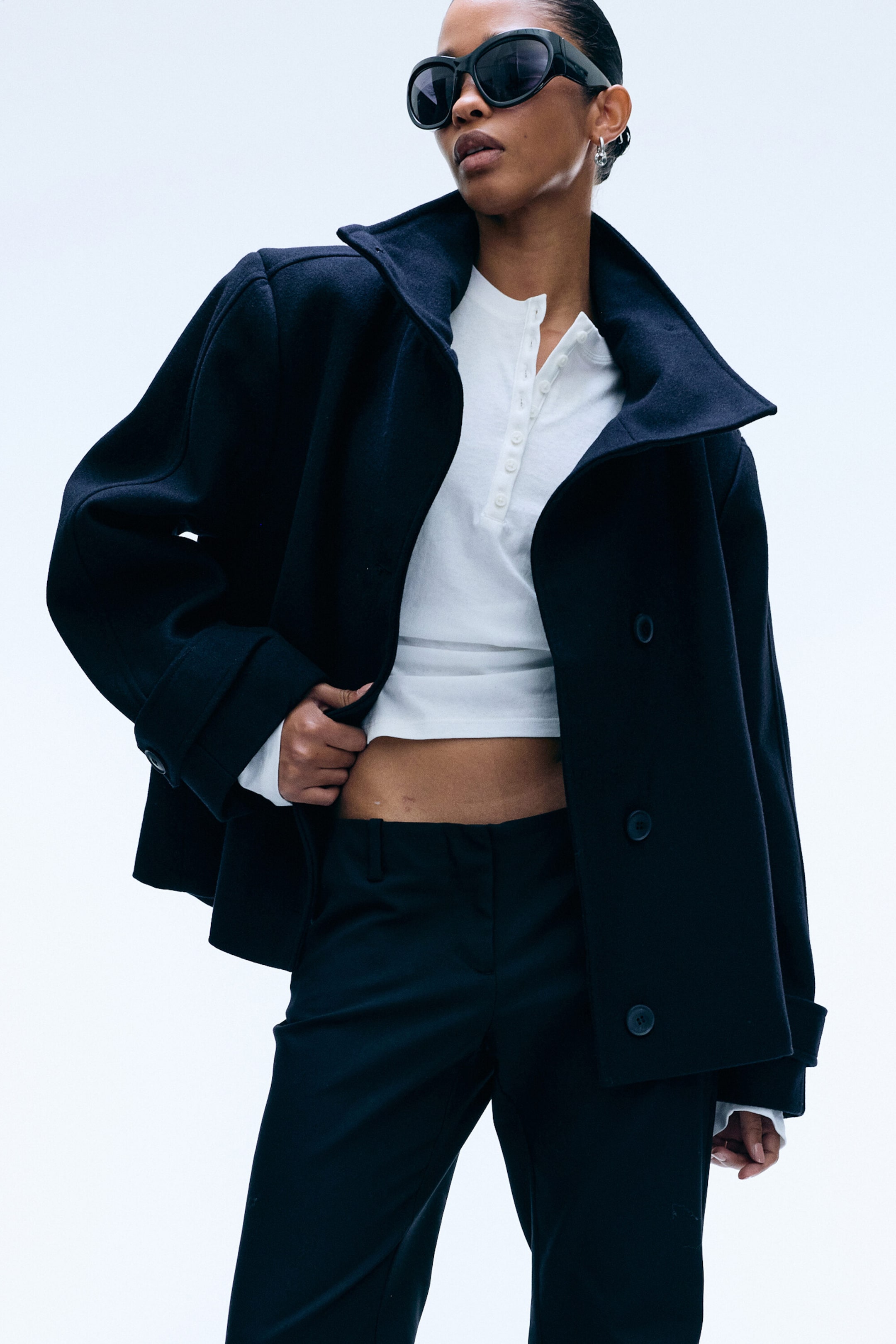 Black - Funnel collar wool-blend jacket - 2