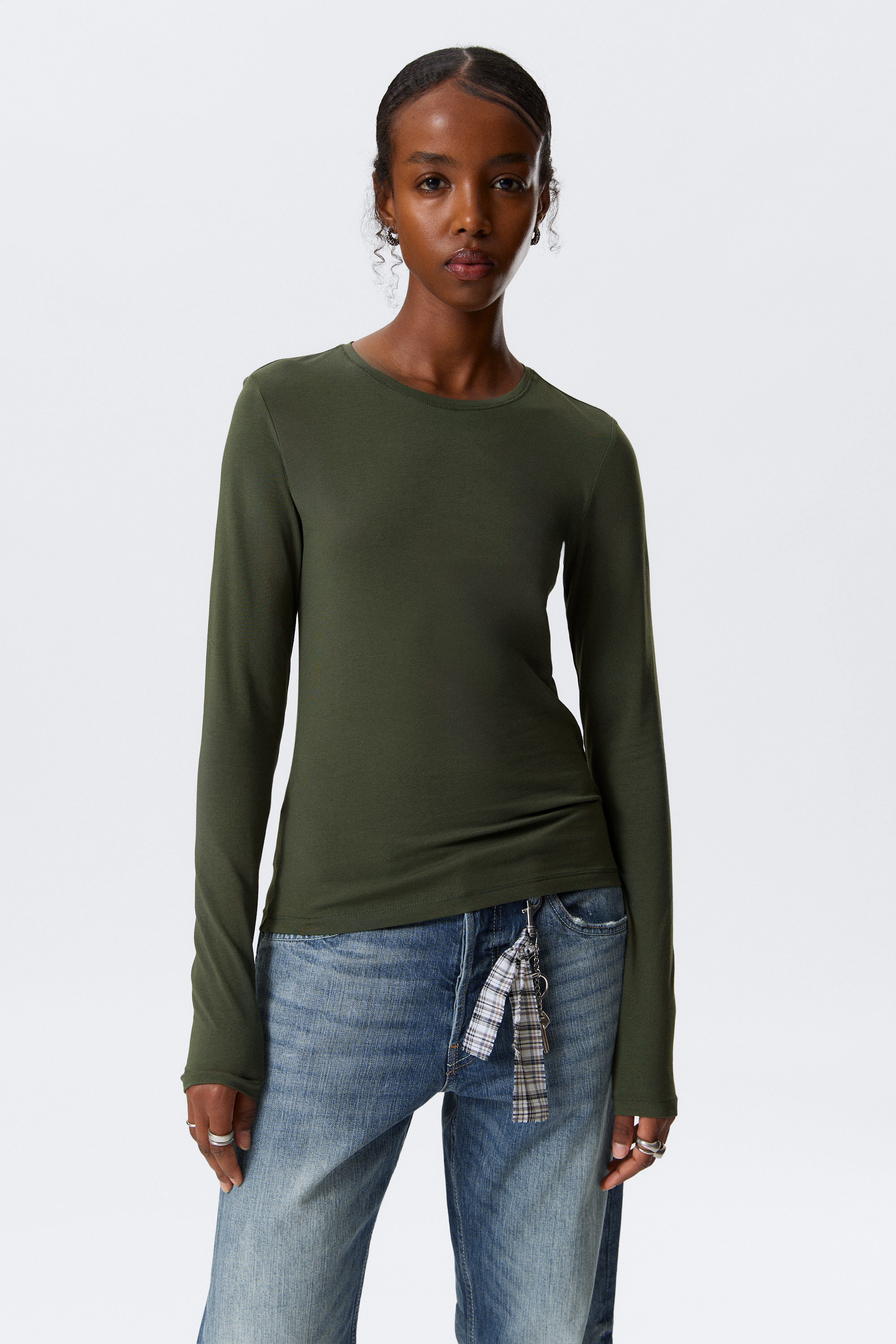 Donker kakigroen - Slim-fit top met lange mouwen - 1