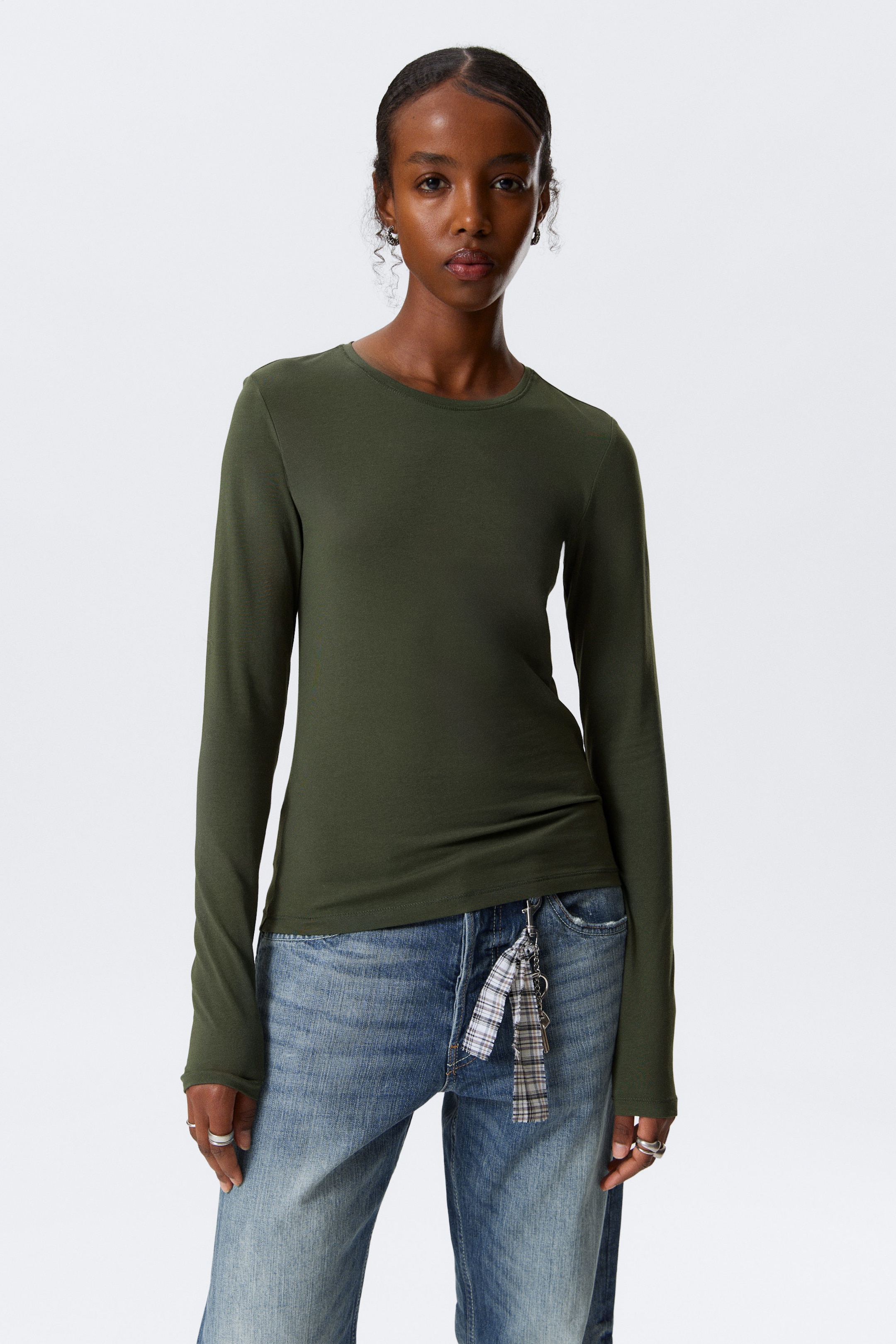 Dunkles Khakigrün - Schmales Langarmtop - 1