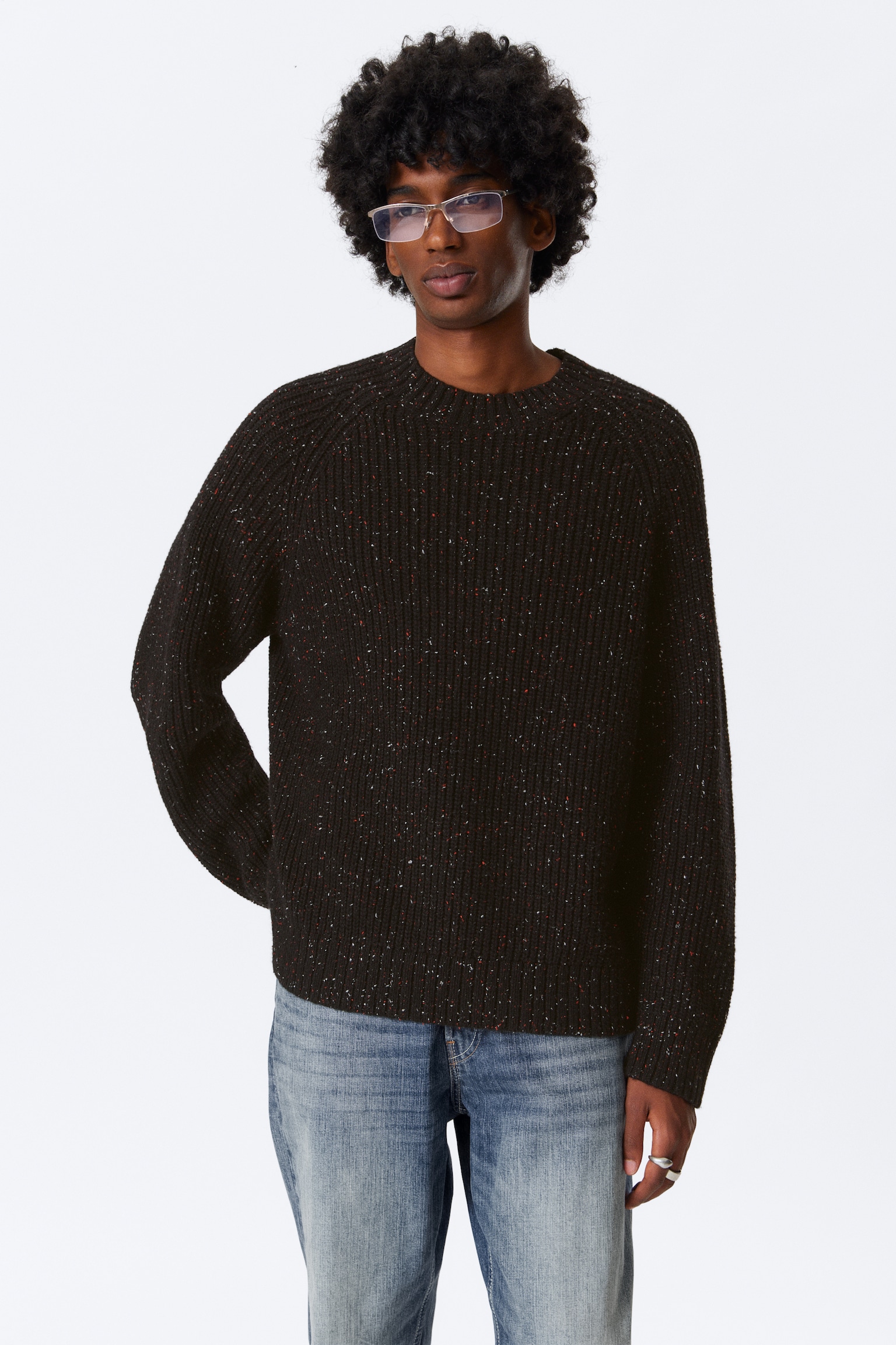 Relaxed Fit Nepped Knit Sweater - Zwart - 3