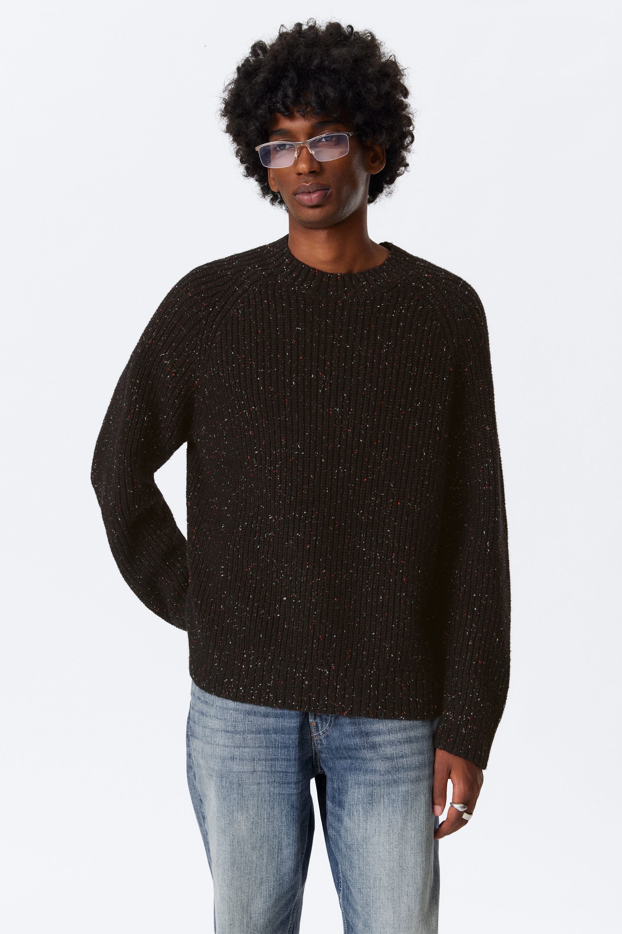 Black - Relaxed Fit Nepped Knit Sweater - 2