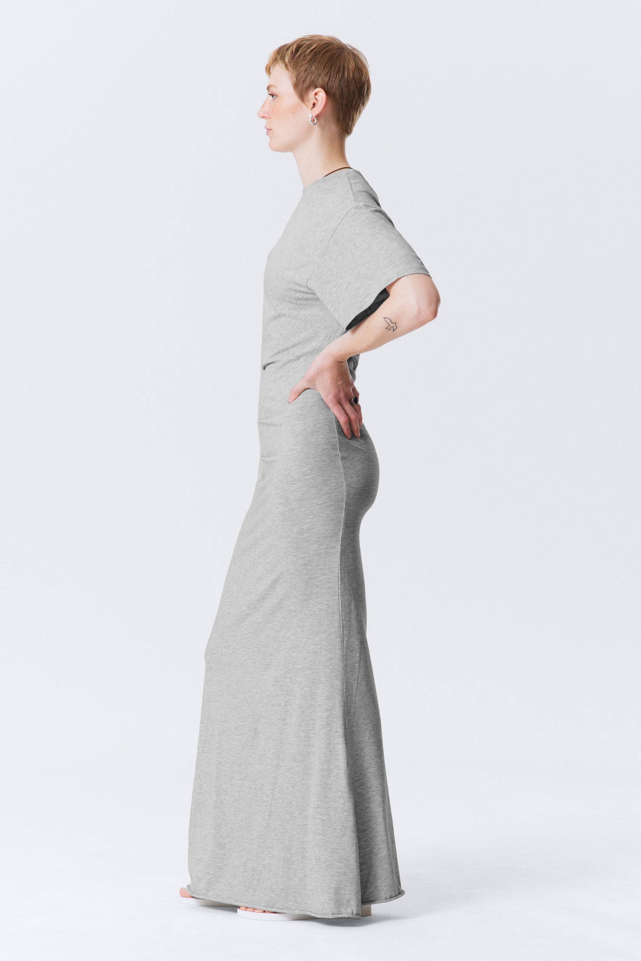 Light Grey Melange - Gathered Short-Sleeved Maxi Dress - 2