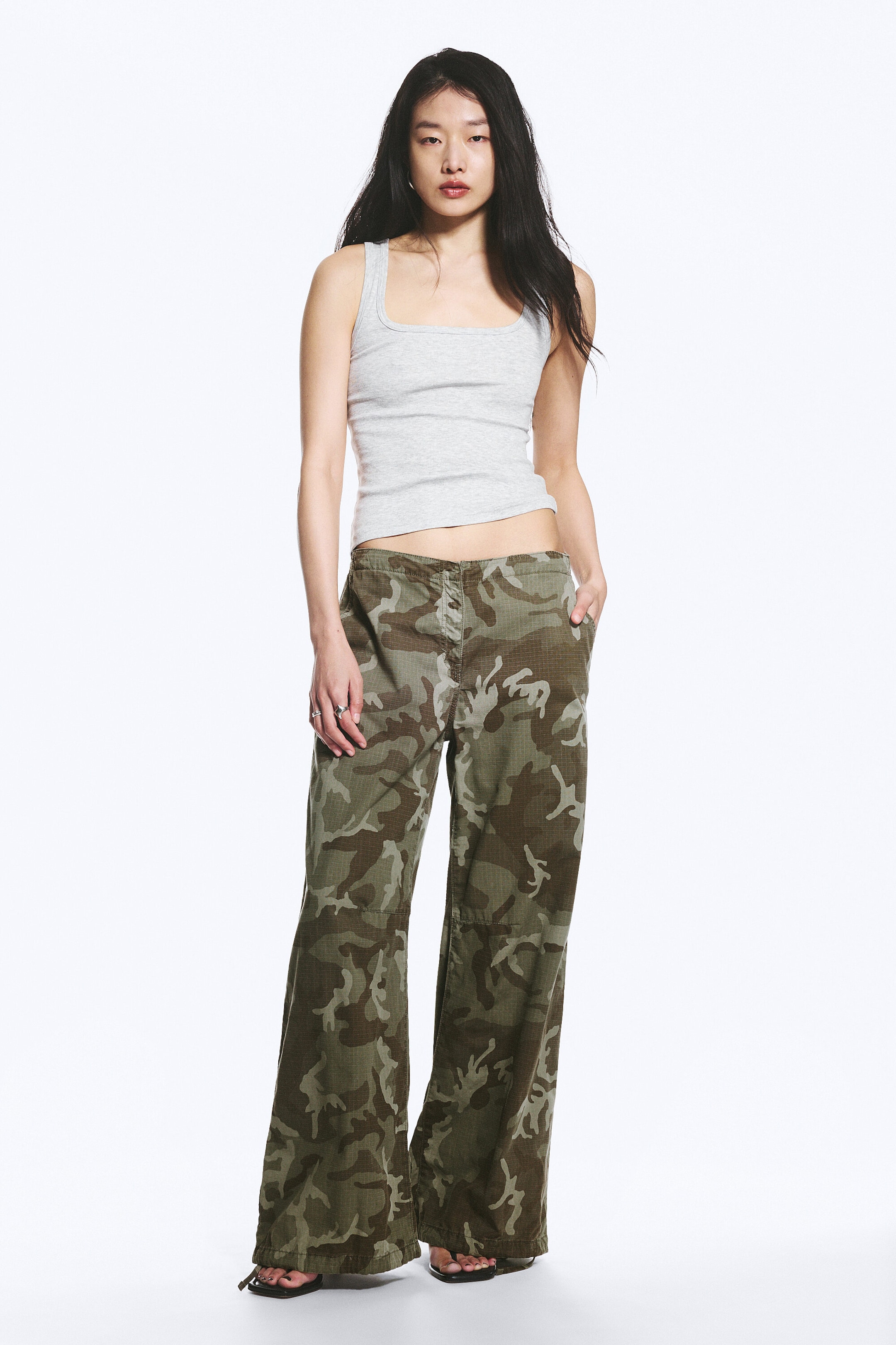 Khaki Green - Camo - Low Rise Baggy Ripstop Trousers - 2