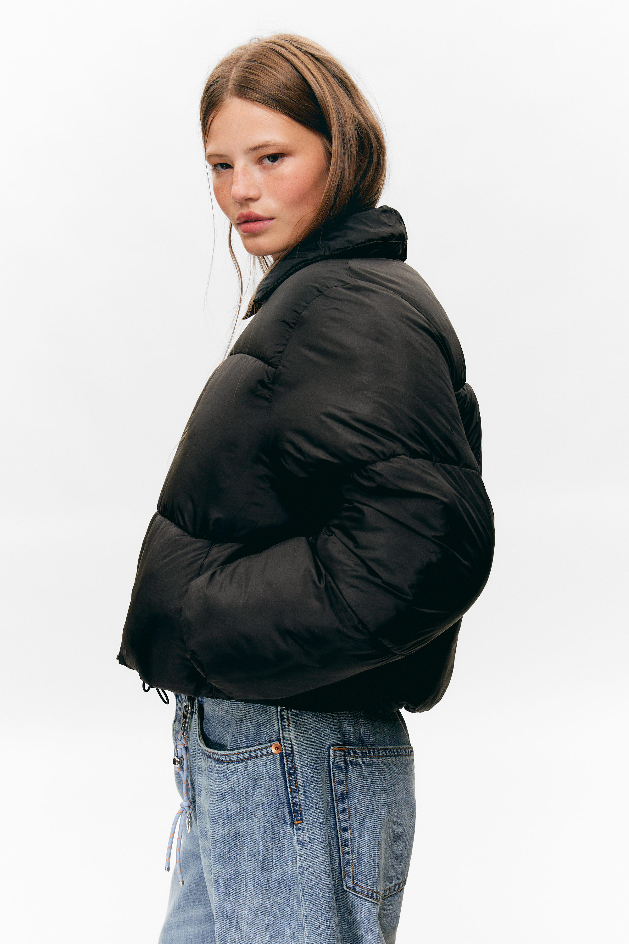 Black - Collared Puffer Jacket - 2